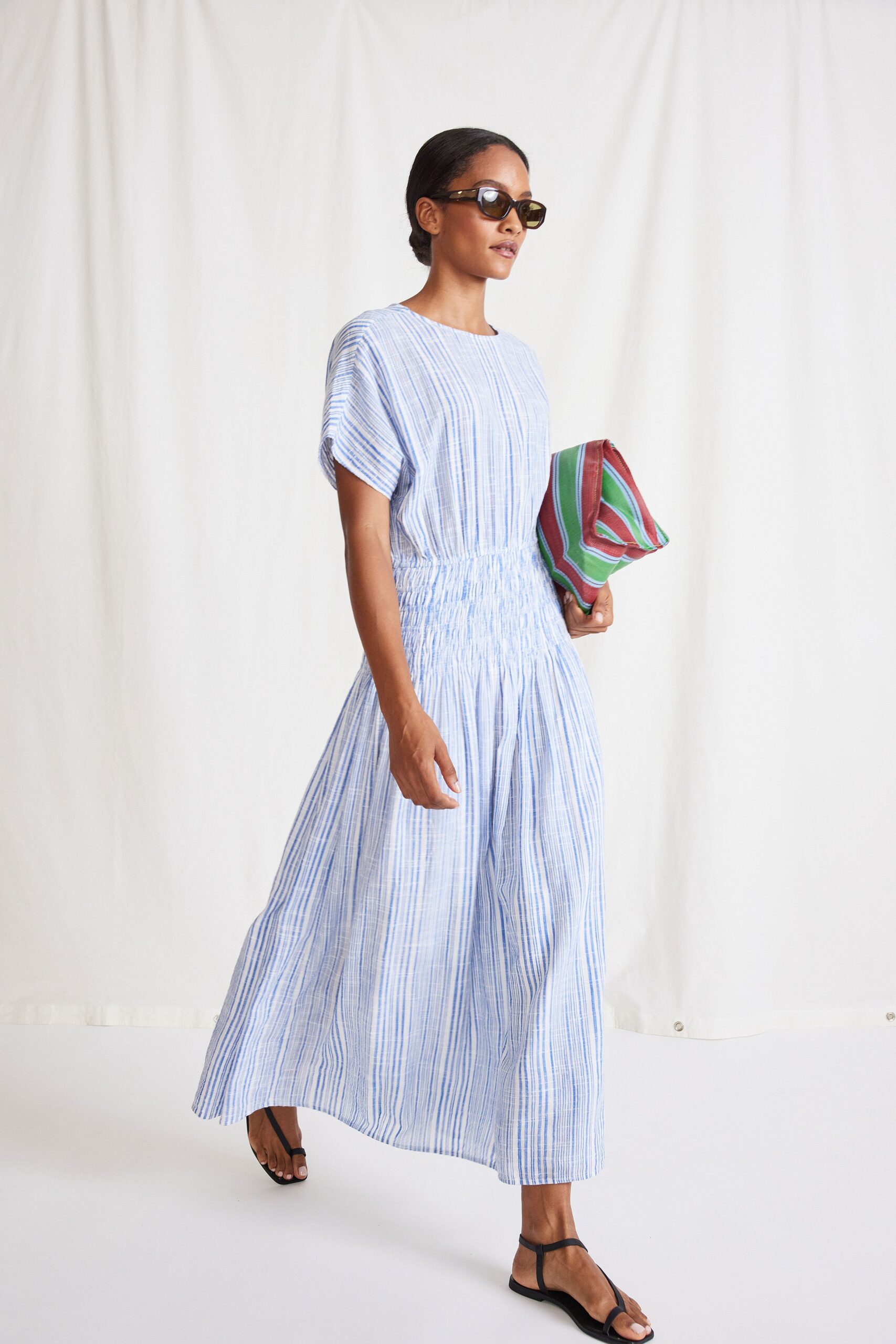 blue and white striped maxi dress