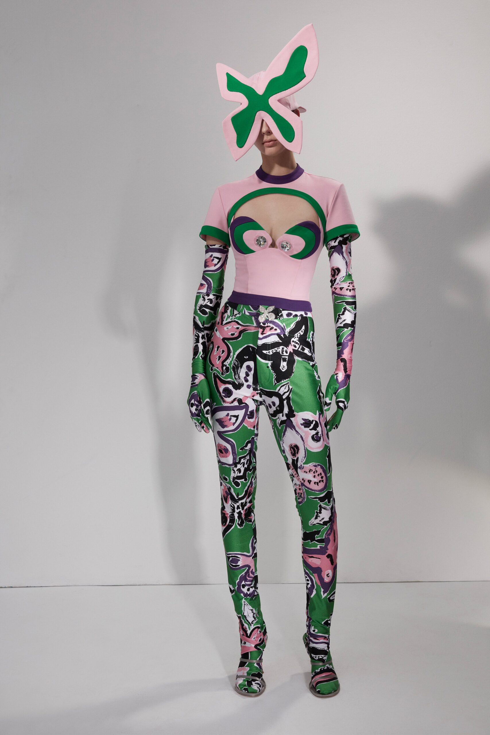 colorful printed catsuit and hat