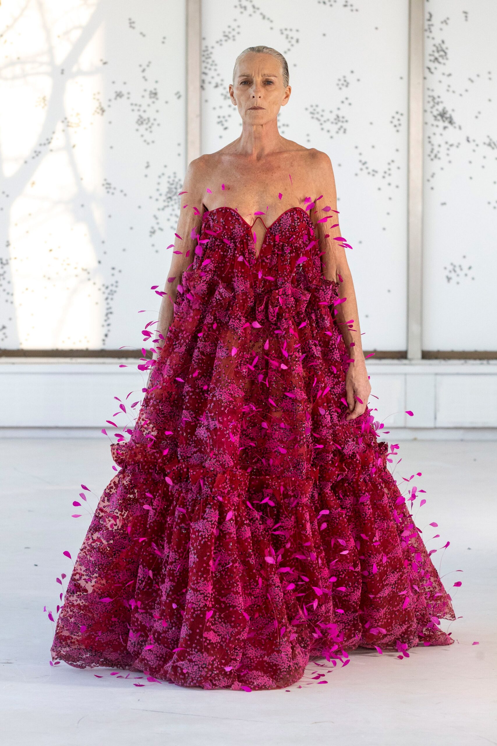 pink lace strapless gown