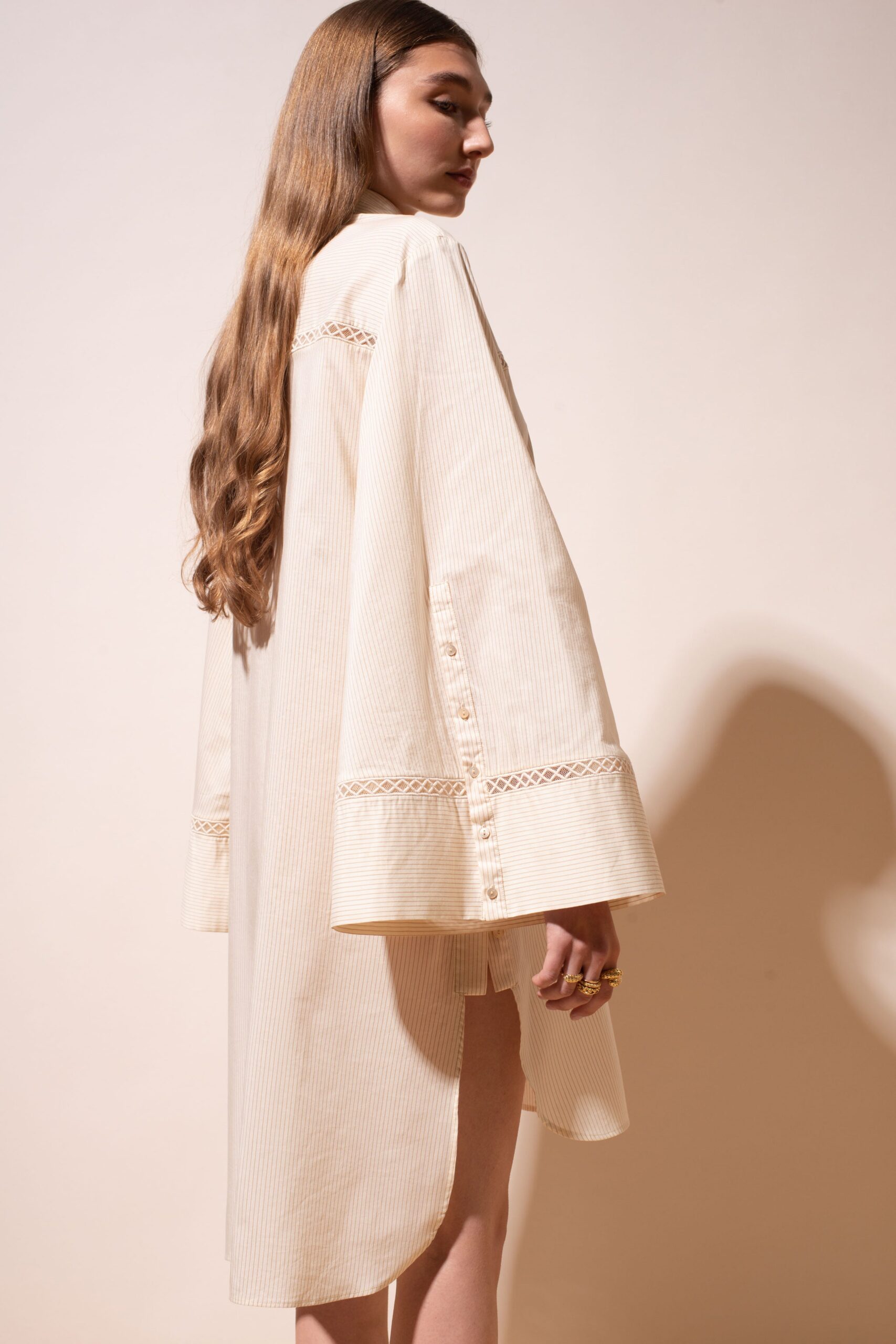 beige striped relaxed shirt-dress