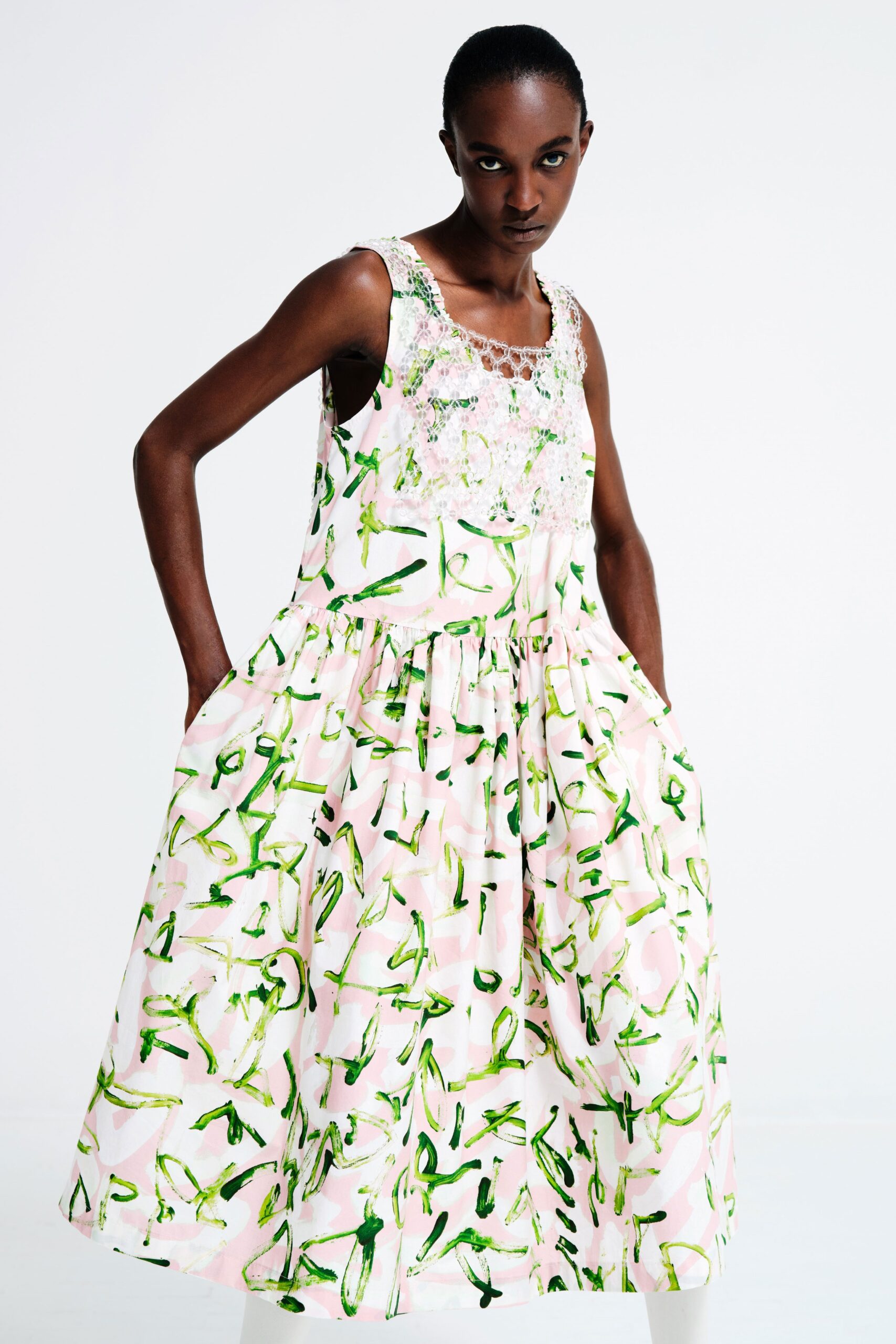 pink green printed midi dress