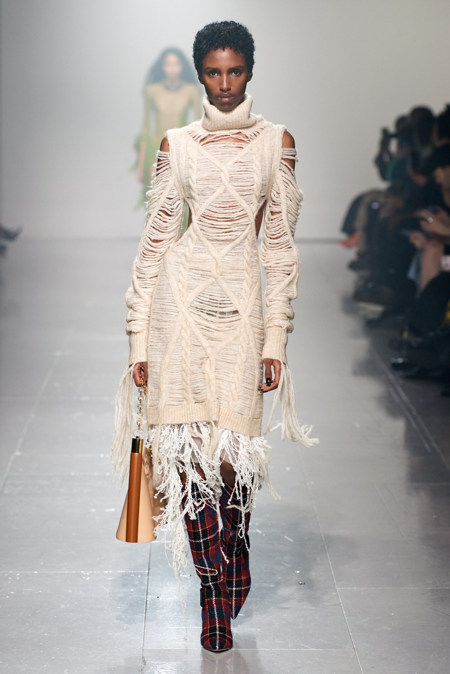 beige knit midi dress with fringes