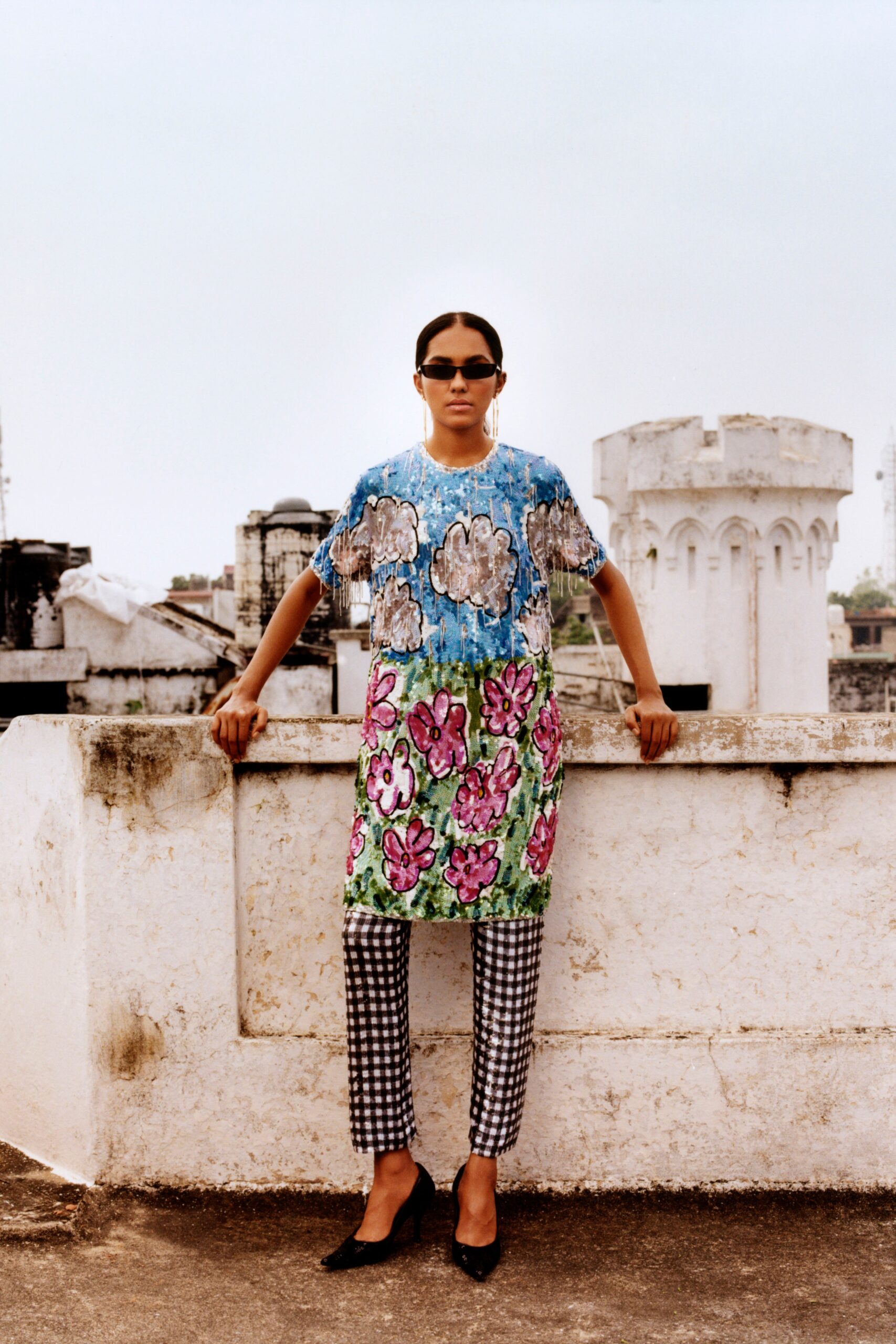 floral short dress with checked pants
