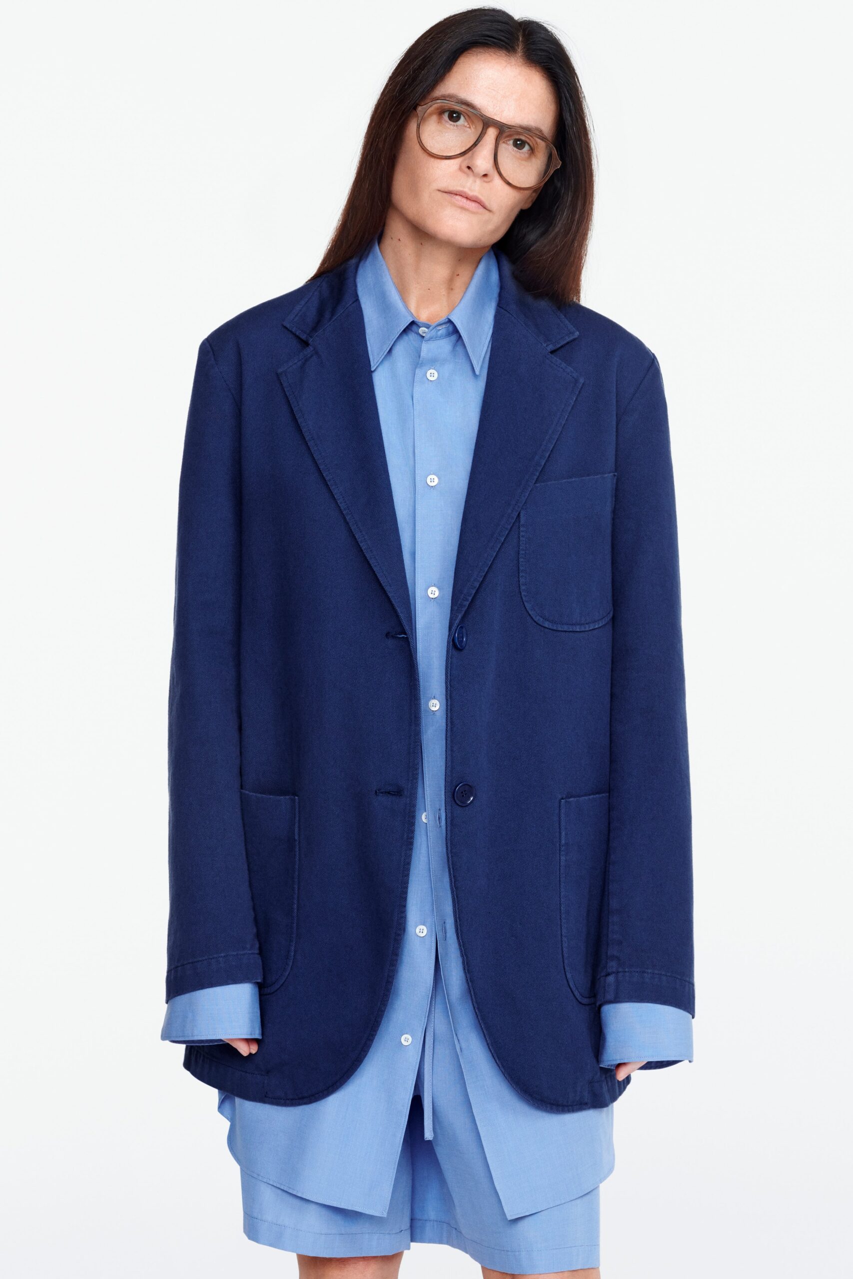 blue cotton relaxed straight-leg short skirt