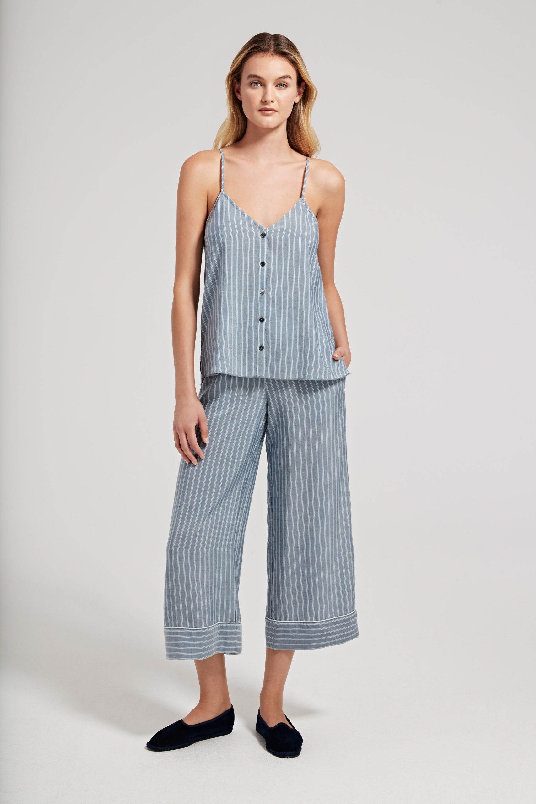 blue and white striped top and pants