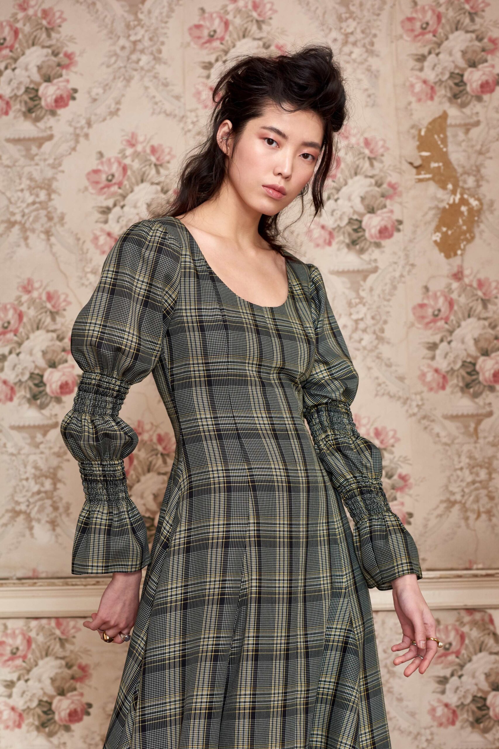 green checked long-sleeve dress