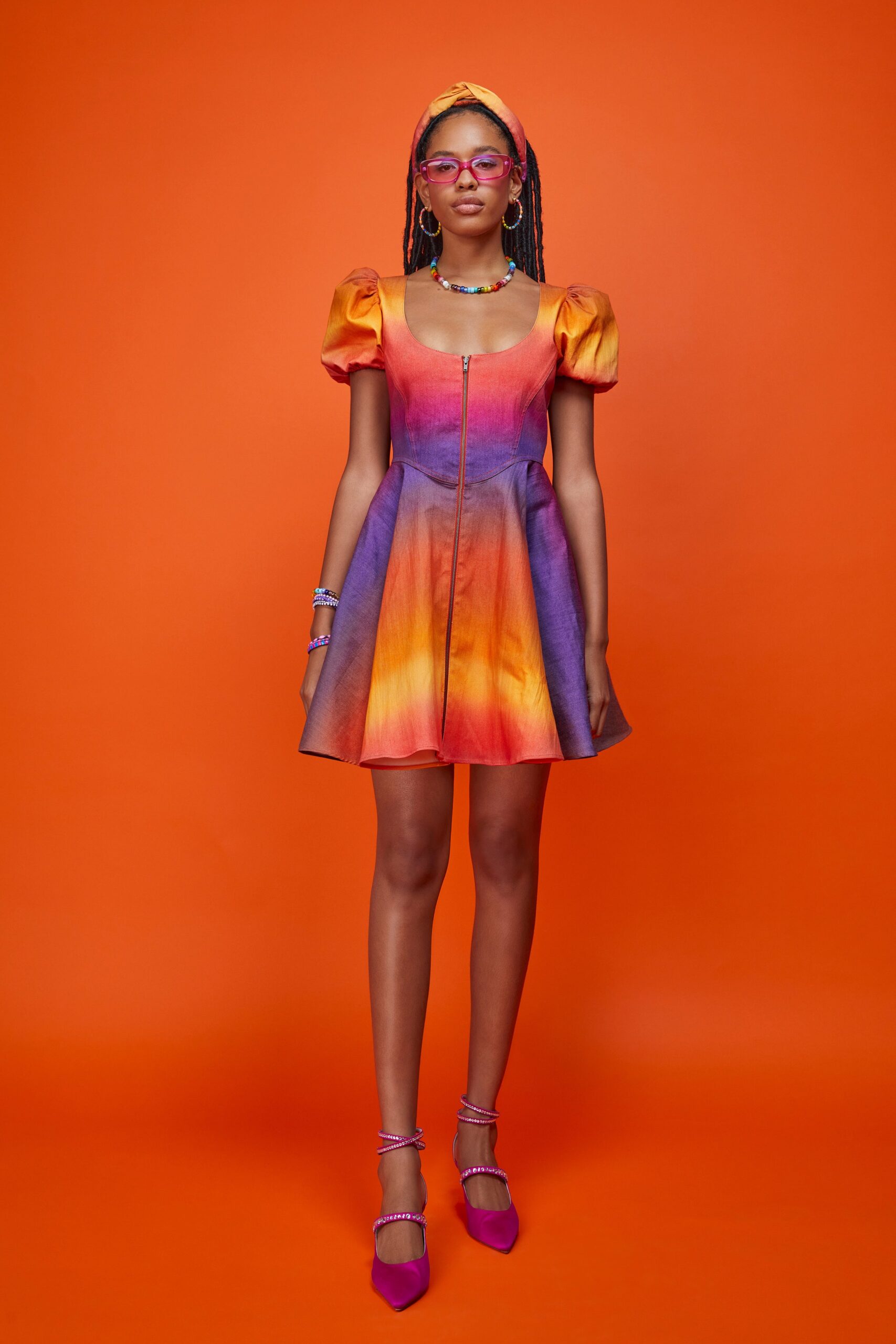 orange and purple flared mini dress