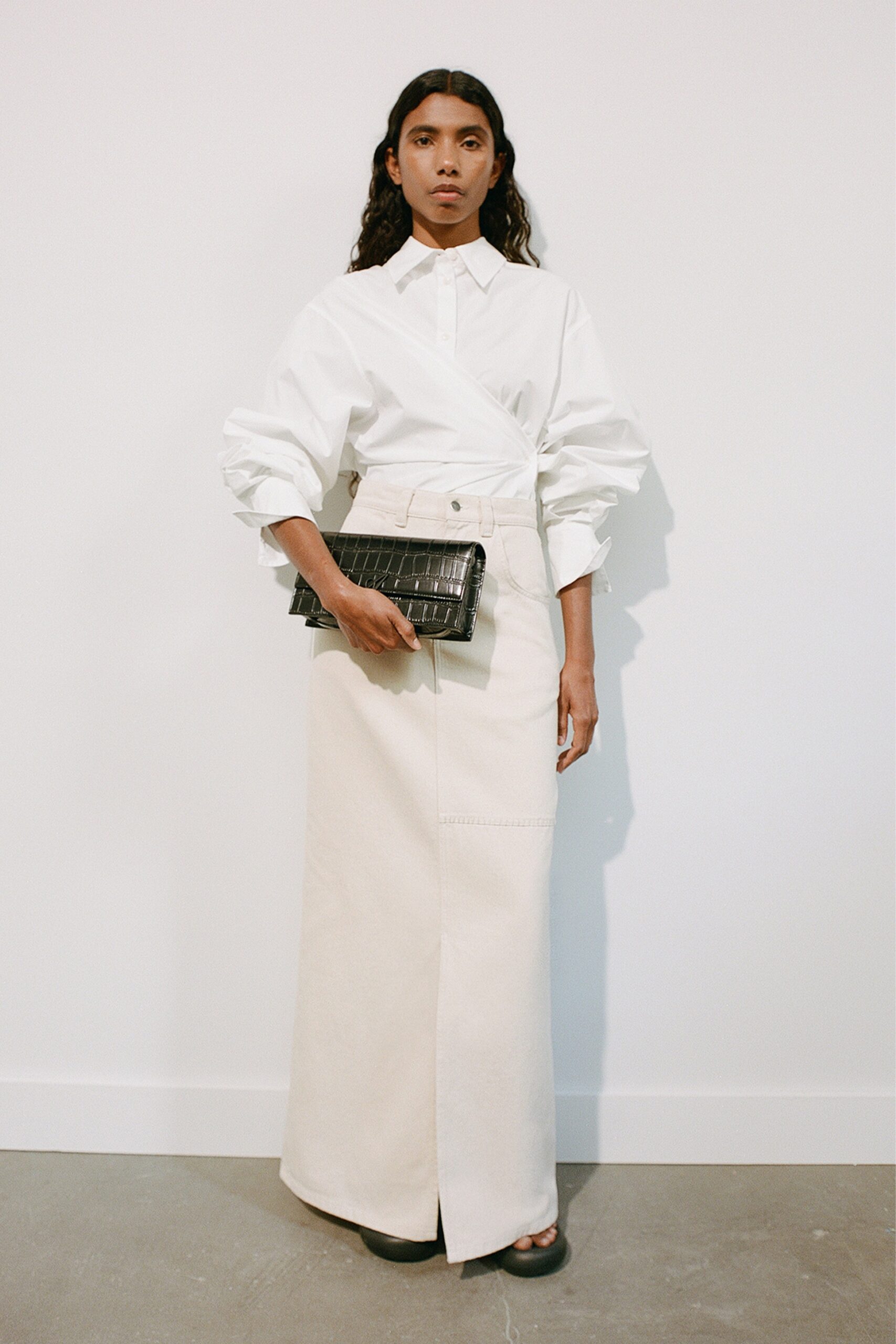 beige cotton fitted high-waisted straight-leg maxi skirt