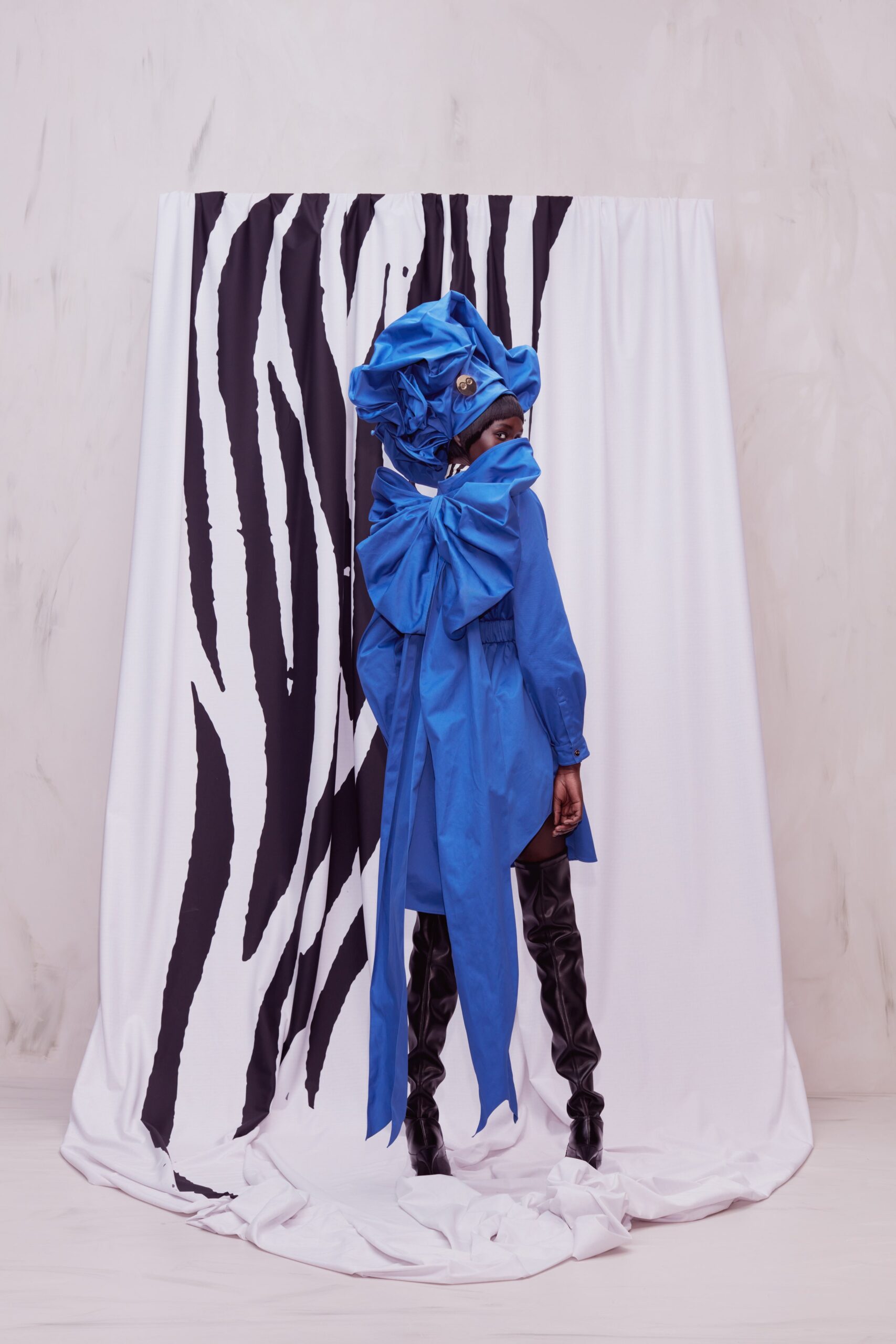 blue cotton long-sleeve collared fitted draped tiered dress