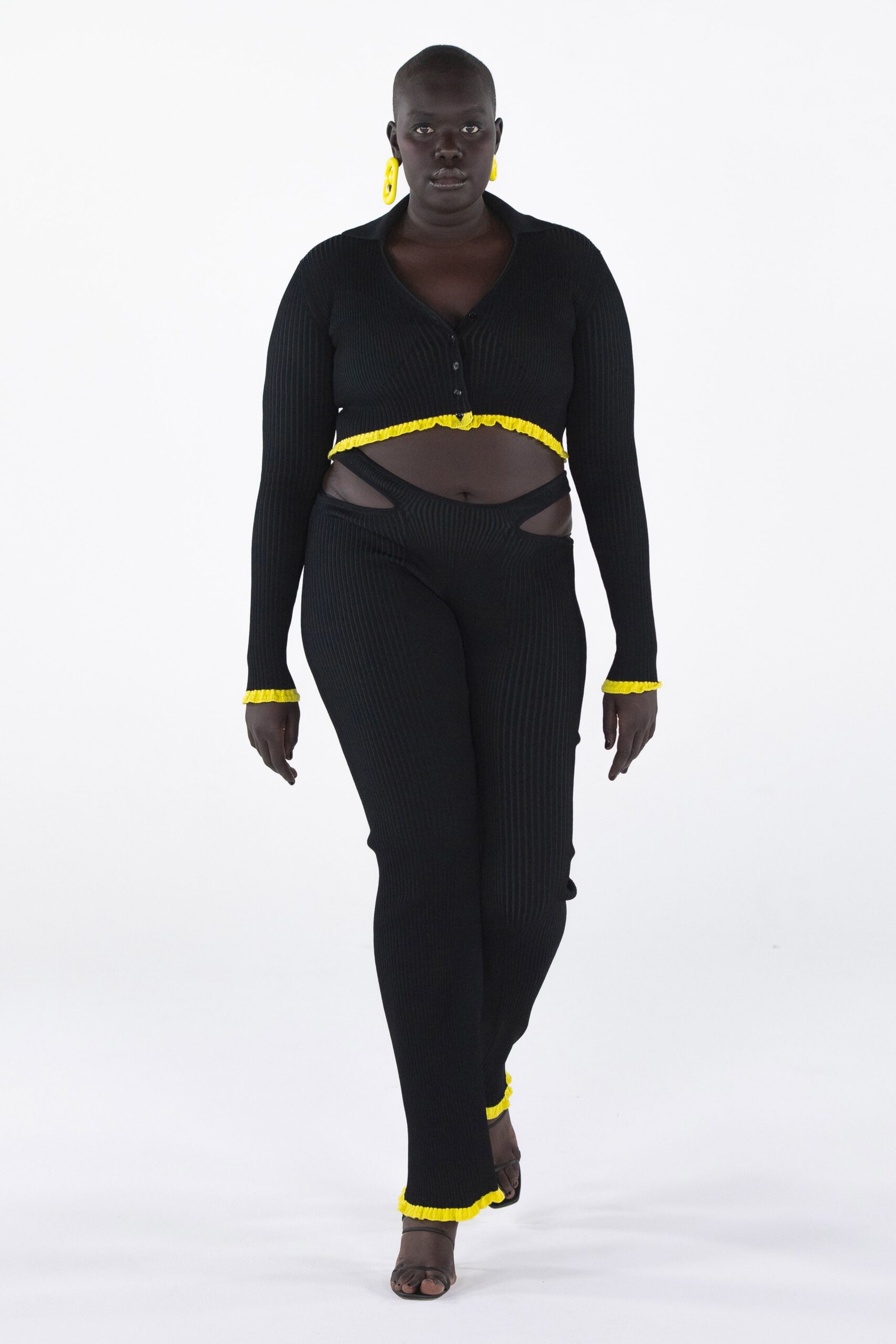 black knit long-sleeve collared fitted top