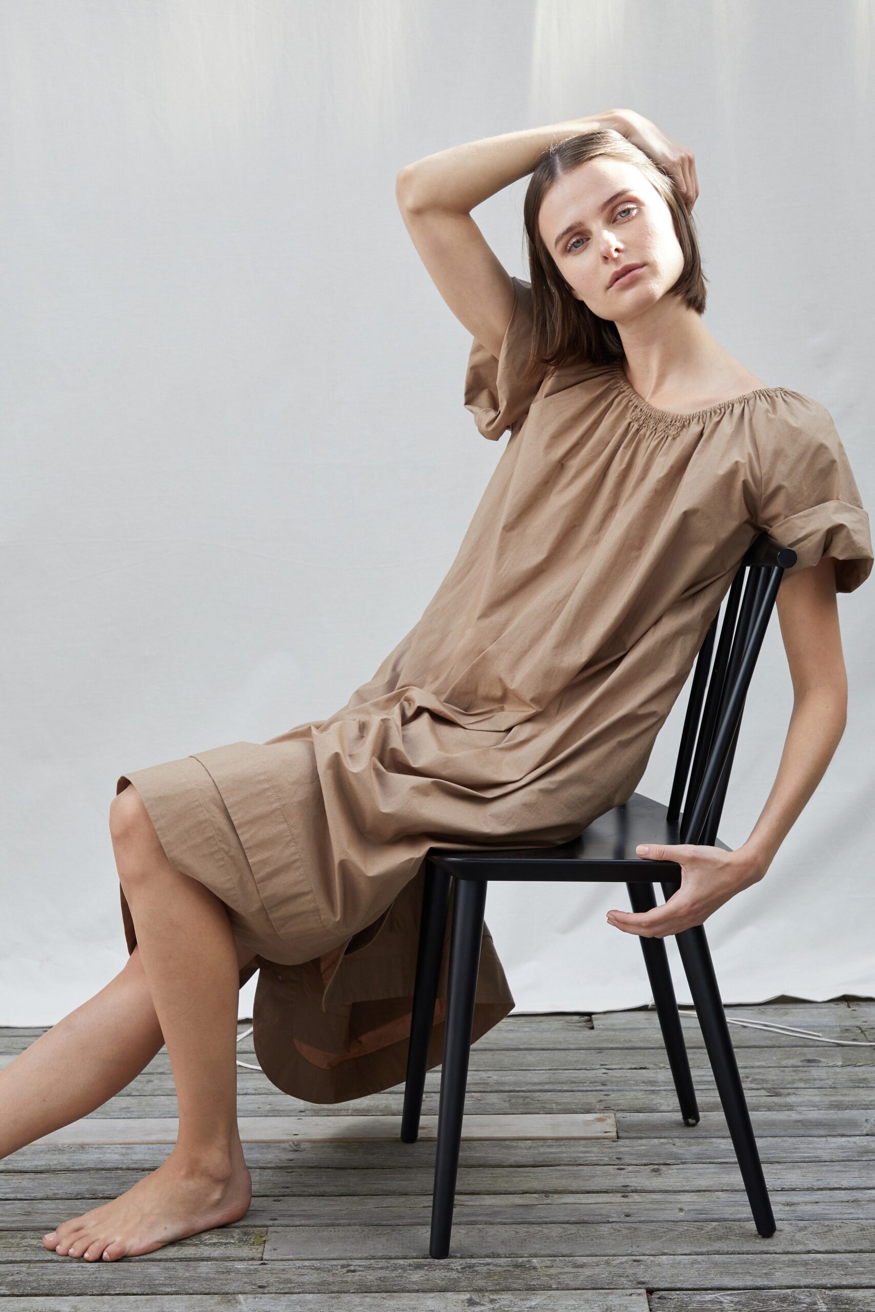 brown cotton relaxed midi dress