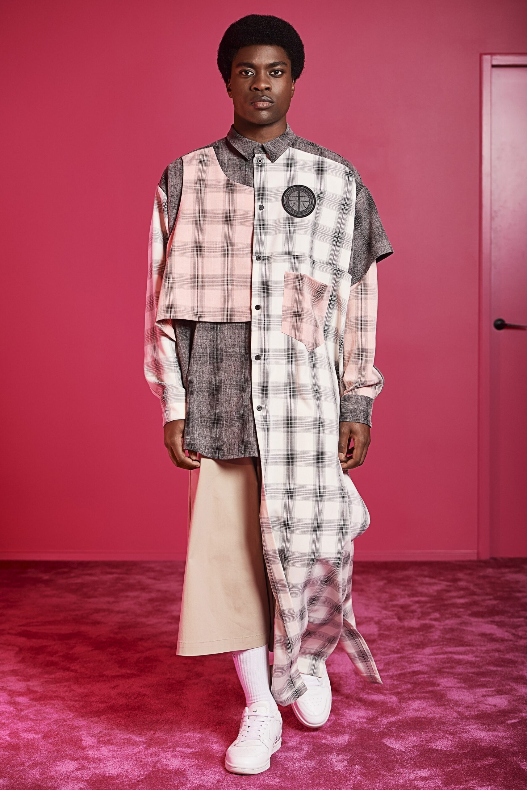 relaxed checked shirt with beige skirt