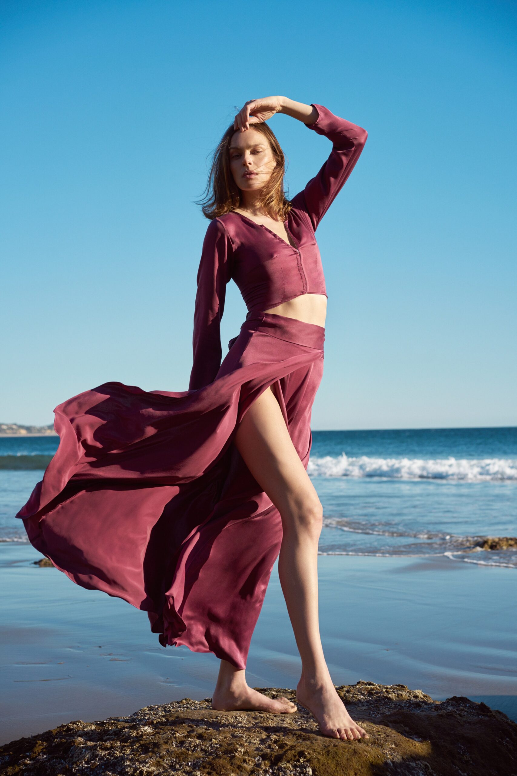 purple silk fitted top and skirt