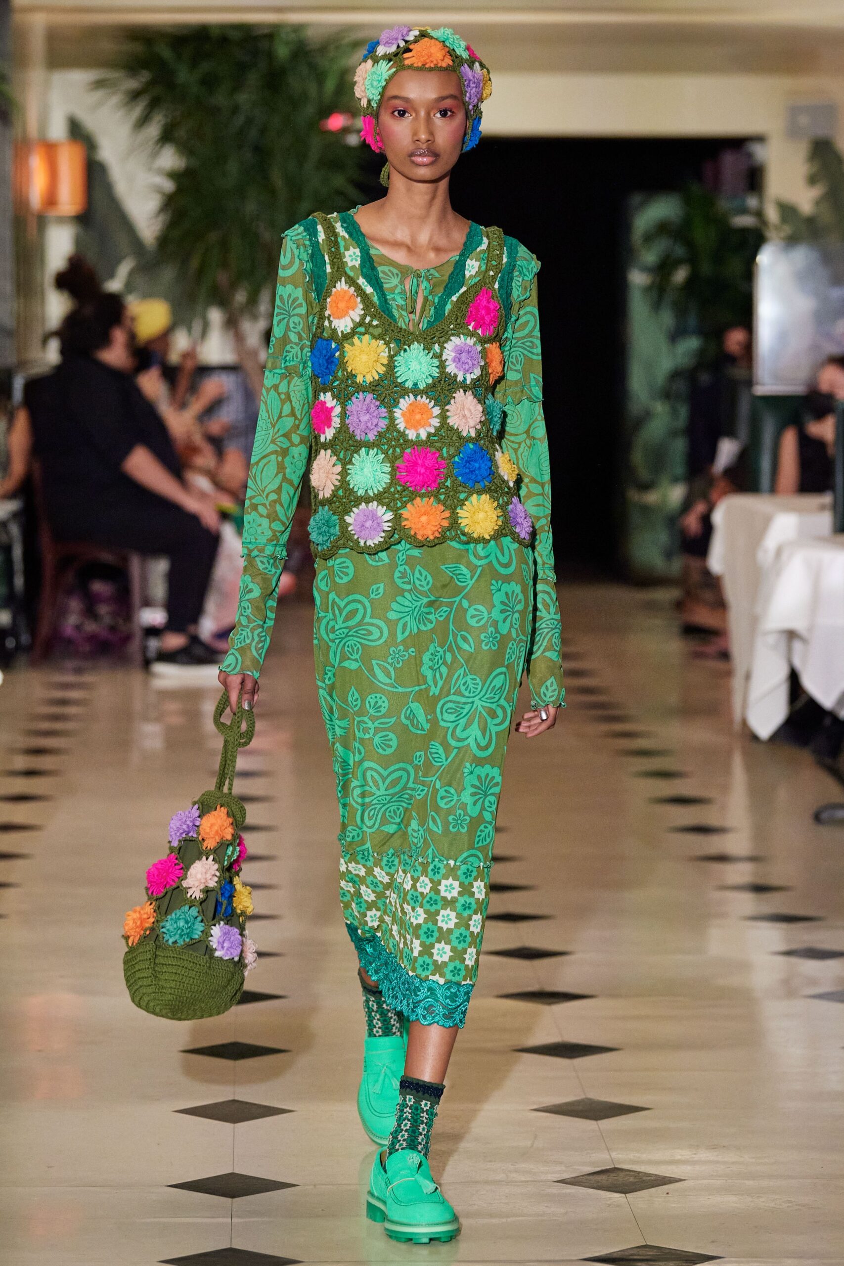 green cotton long-sleeve v-neck fitted embroidered tiered dress