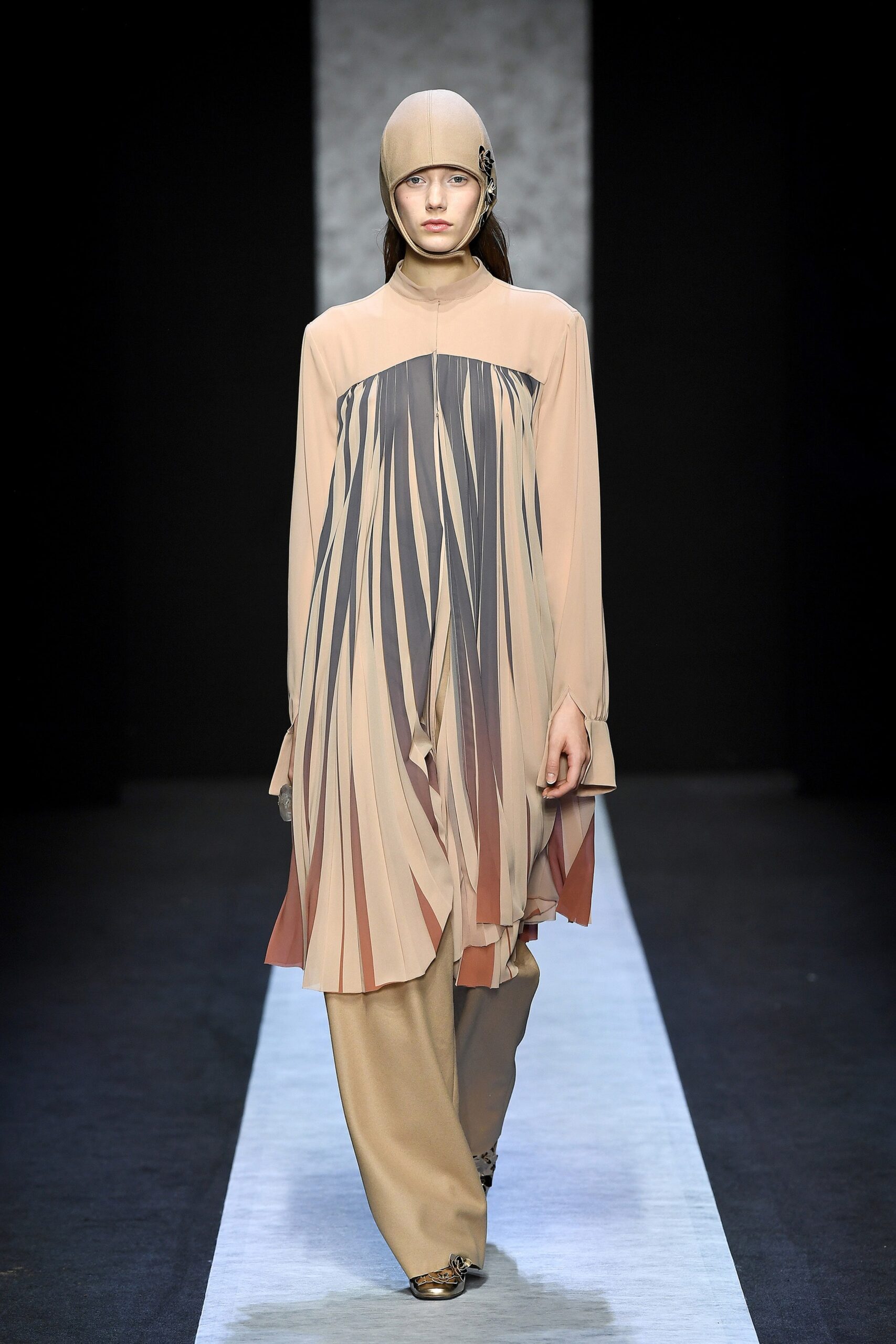 beige pleated midi dress