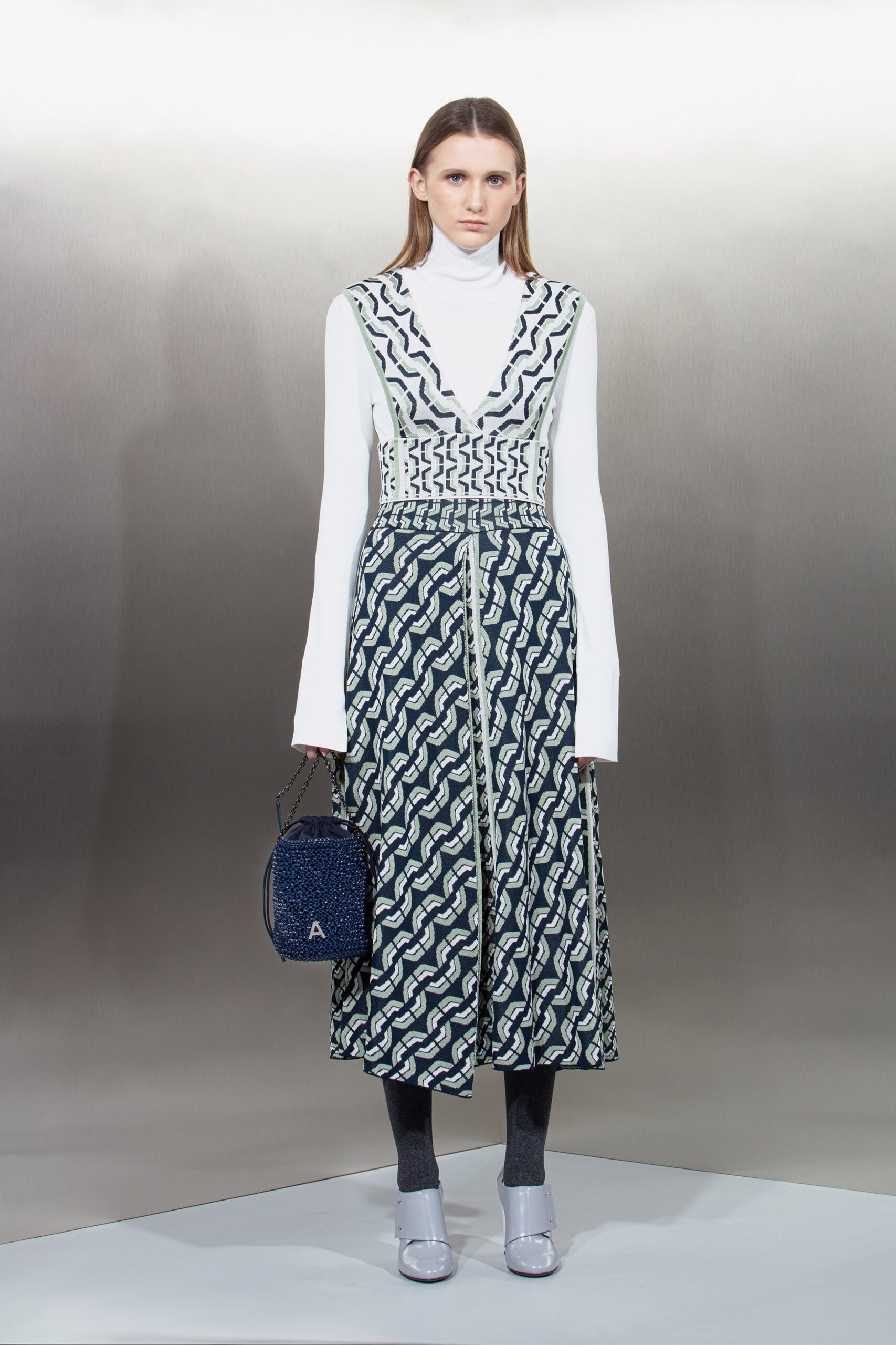 fitted white and blue printed dress