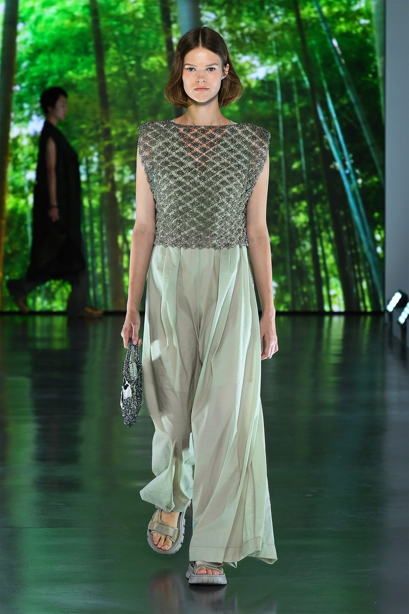 gray metallic sleeveless high-neck fitted pleated shiny top