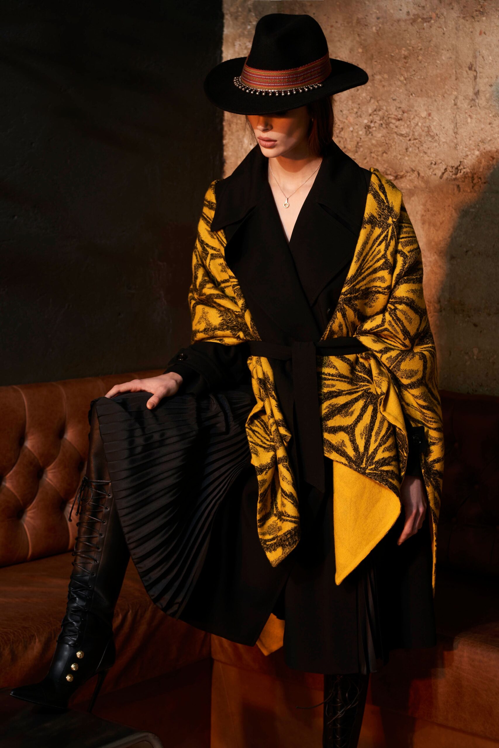 yellow wool relaxed printed scarf