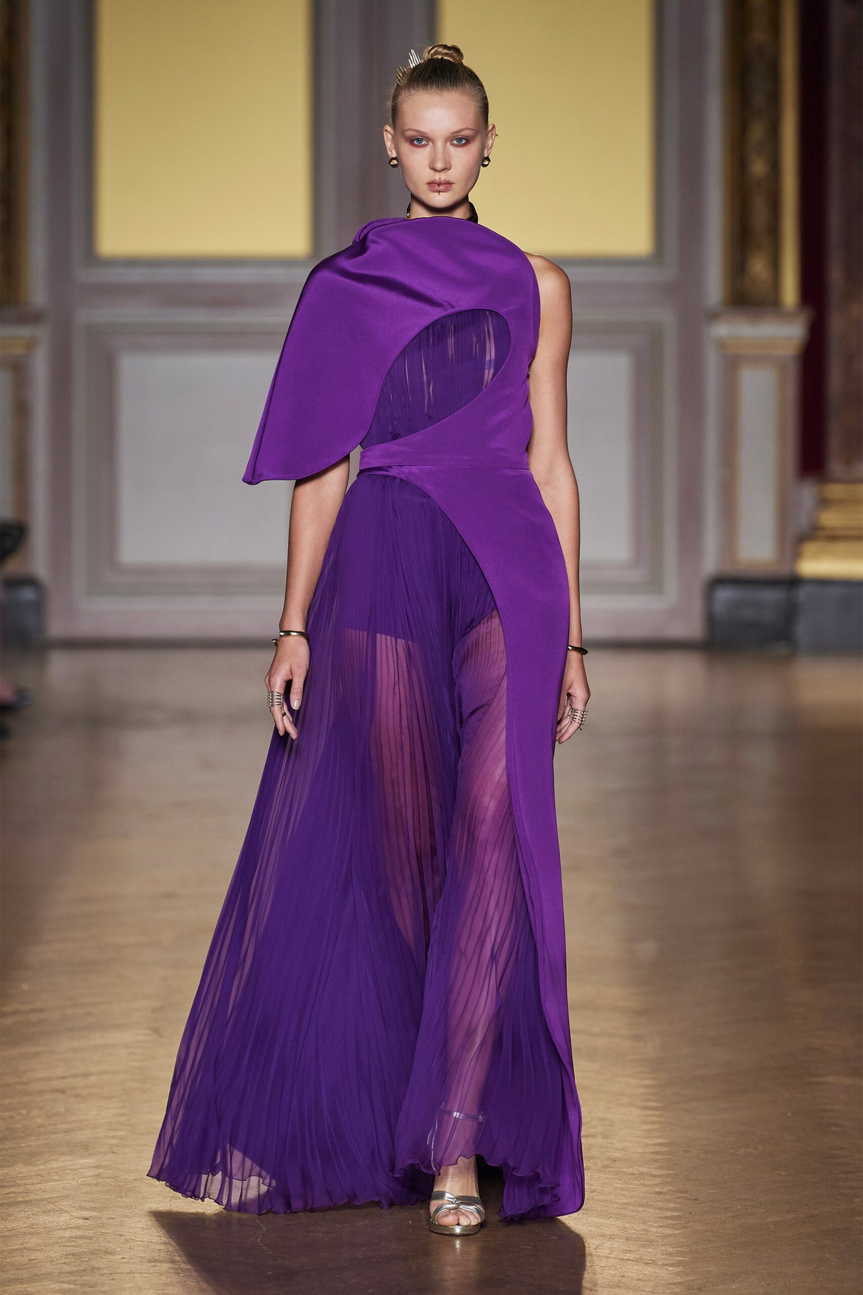 purple silk sleeveless gown