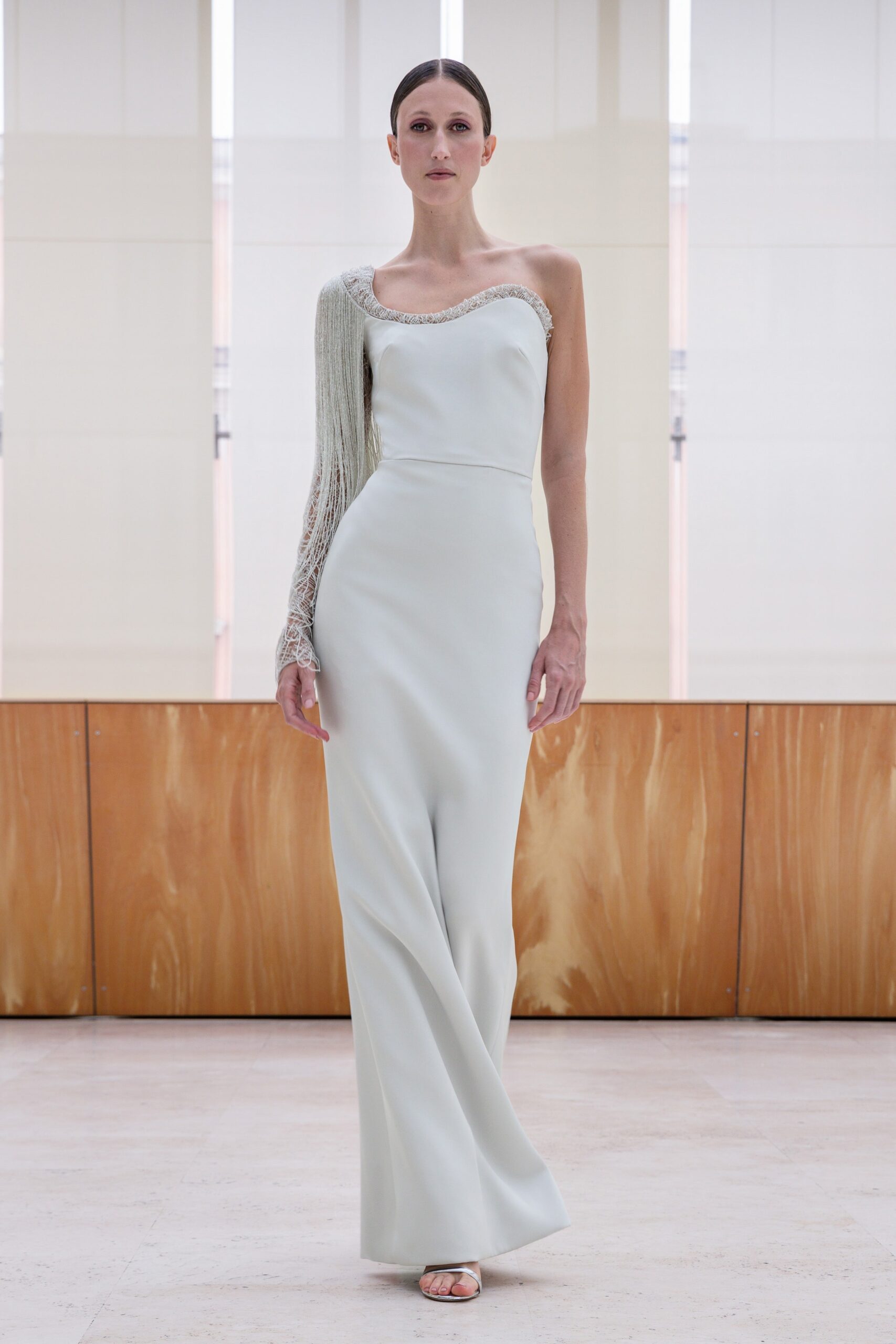 fitted white silk gown