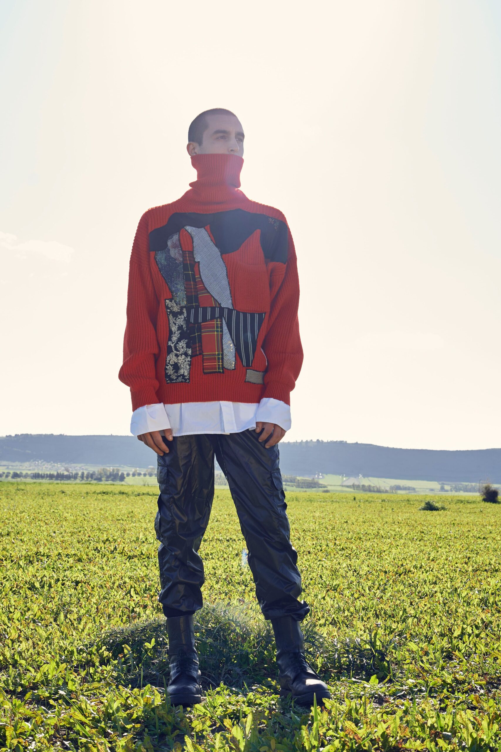 red wool long-sleeve turtleneck relaxed printed sweater