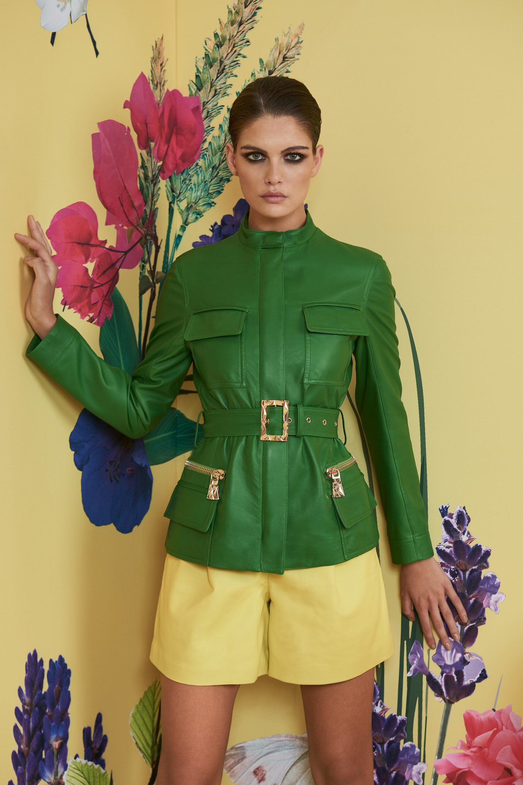 green leather long-sleeve collared fitted zippered pockets jacket