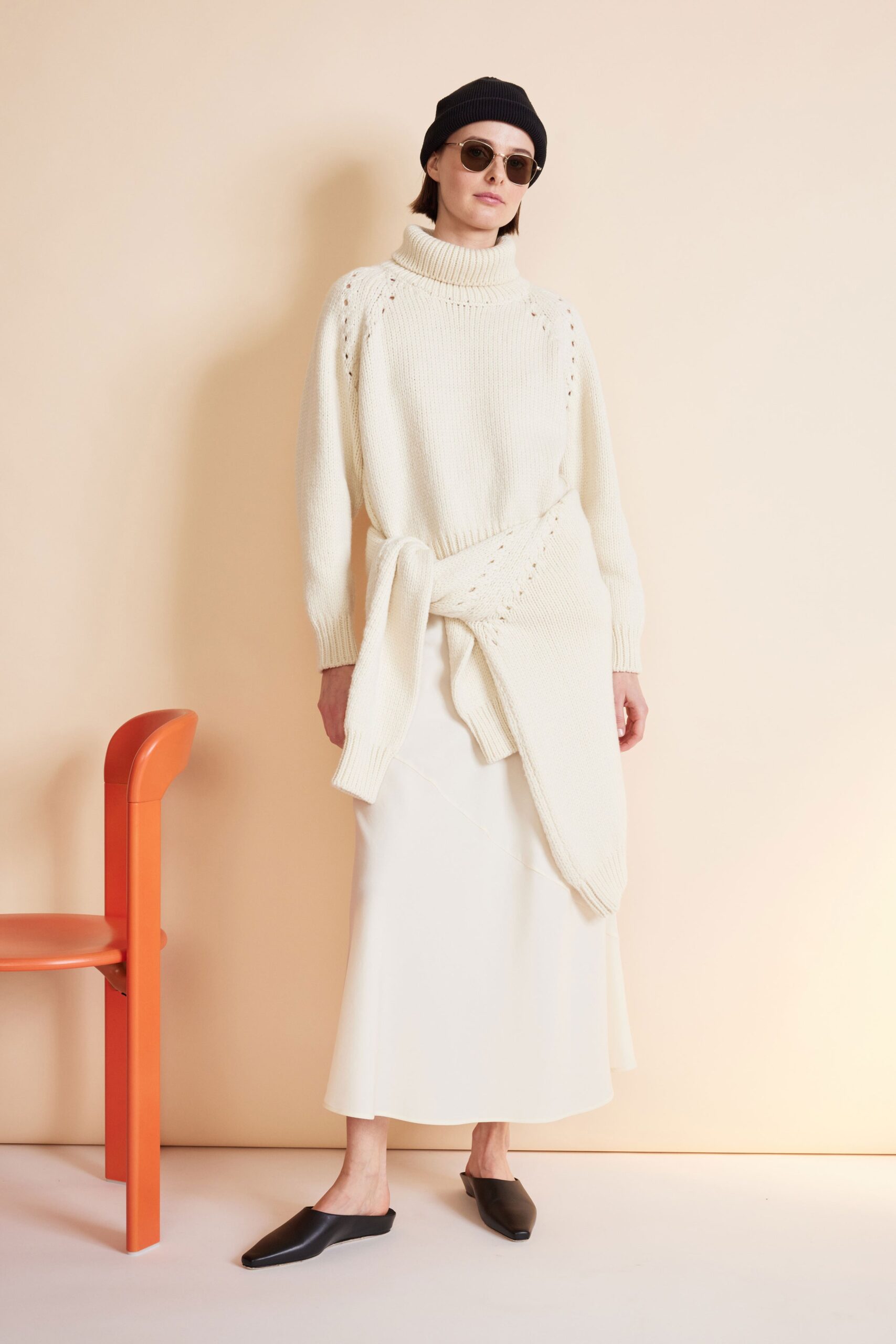 white wool relaxed sweater with skirt