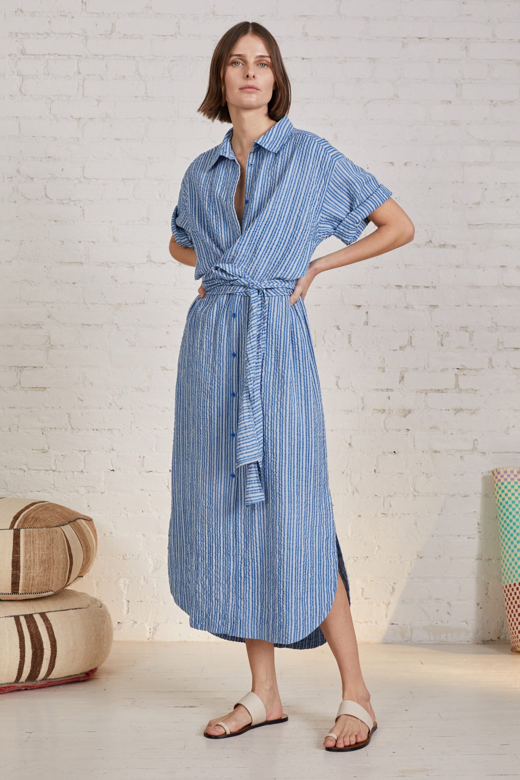 blue and white striped shirt-dress