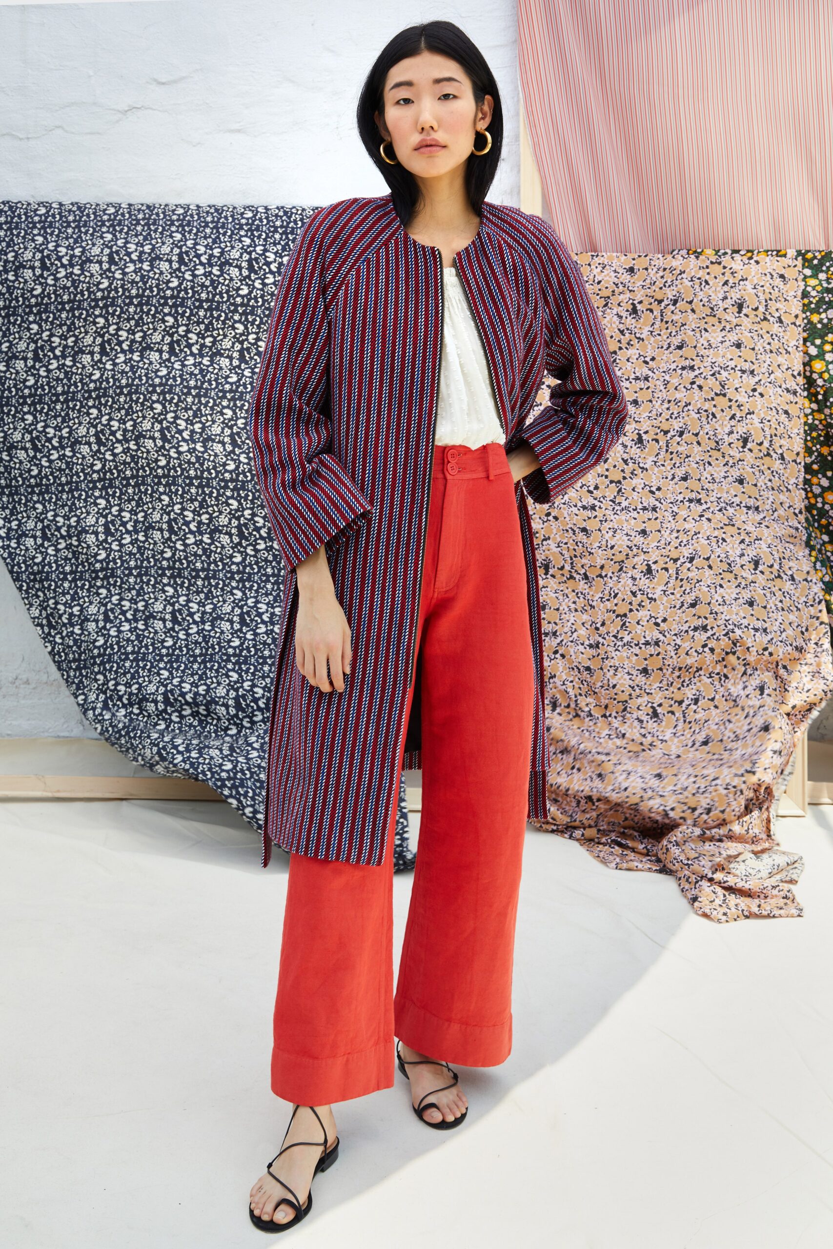 red and blue striped coat