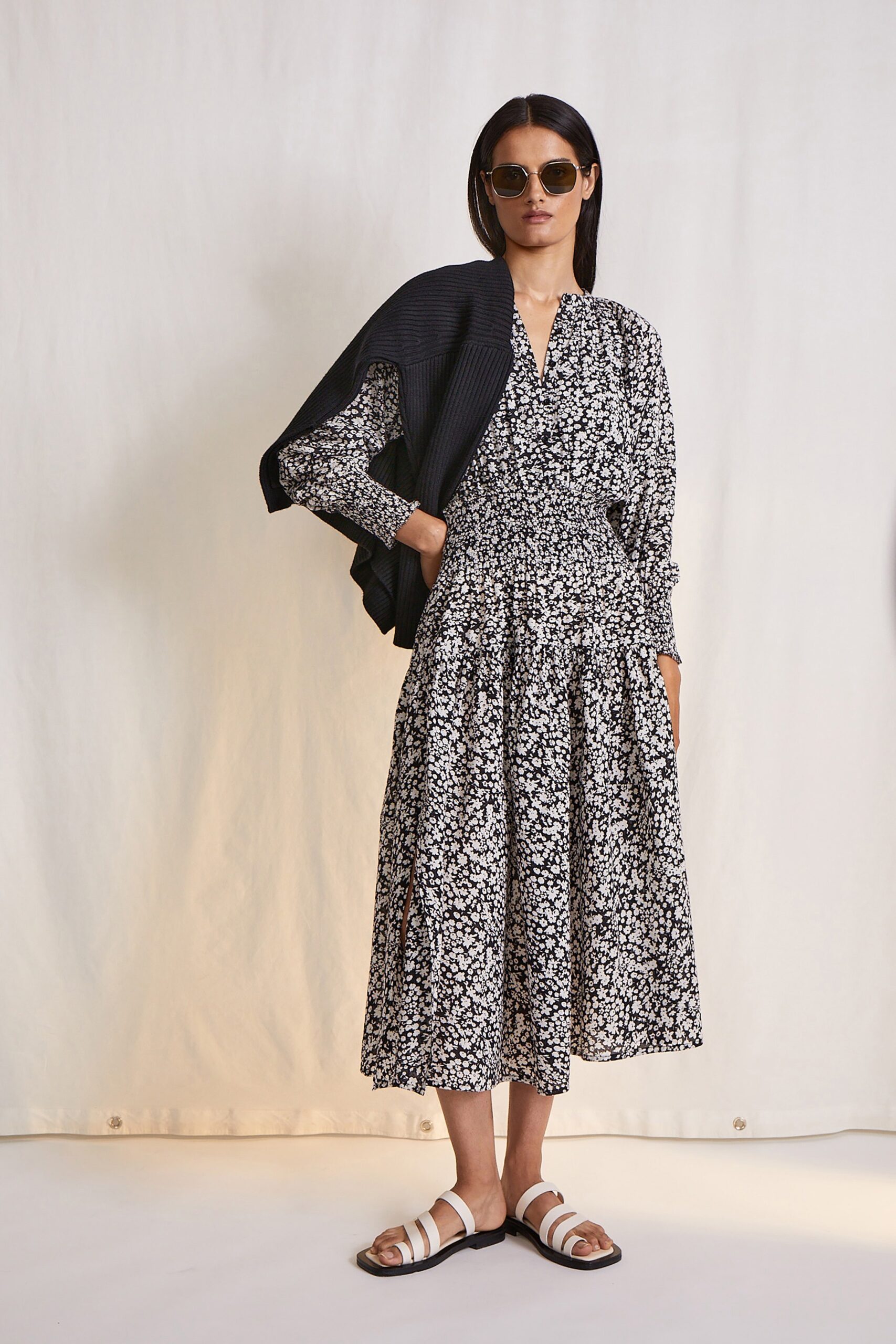 floral midi dress with black sweater