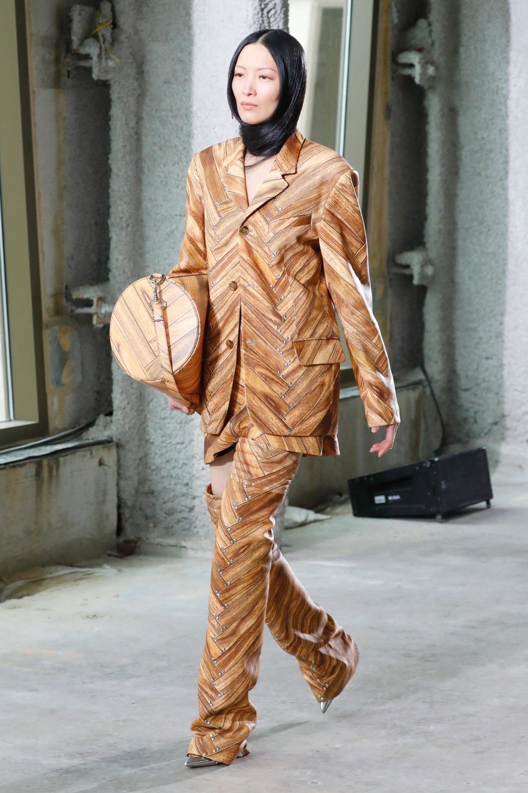 brown printed tailored suit