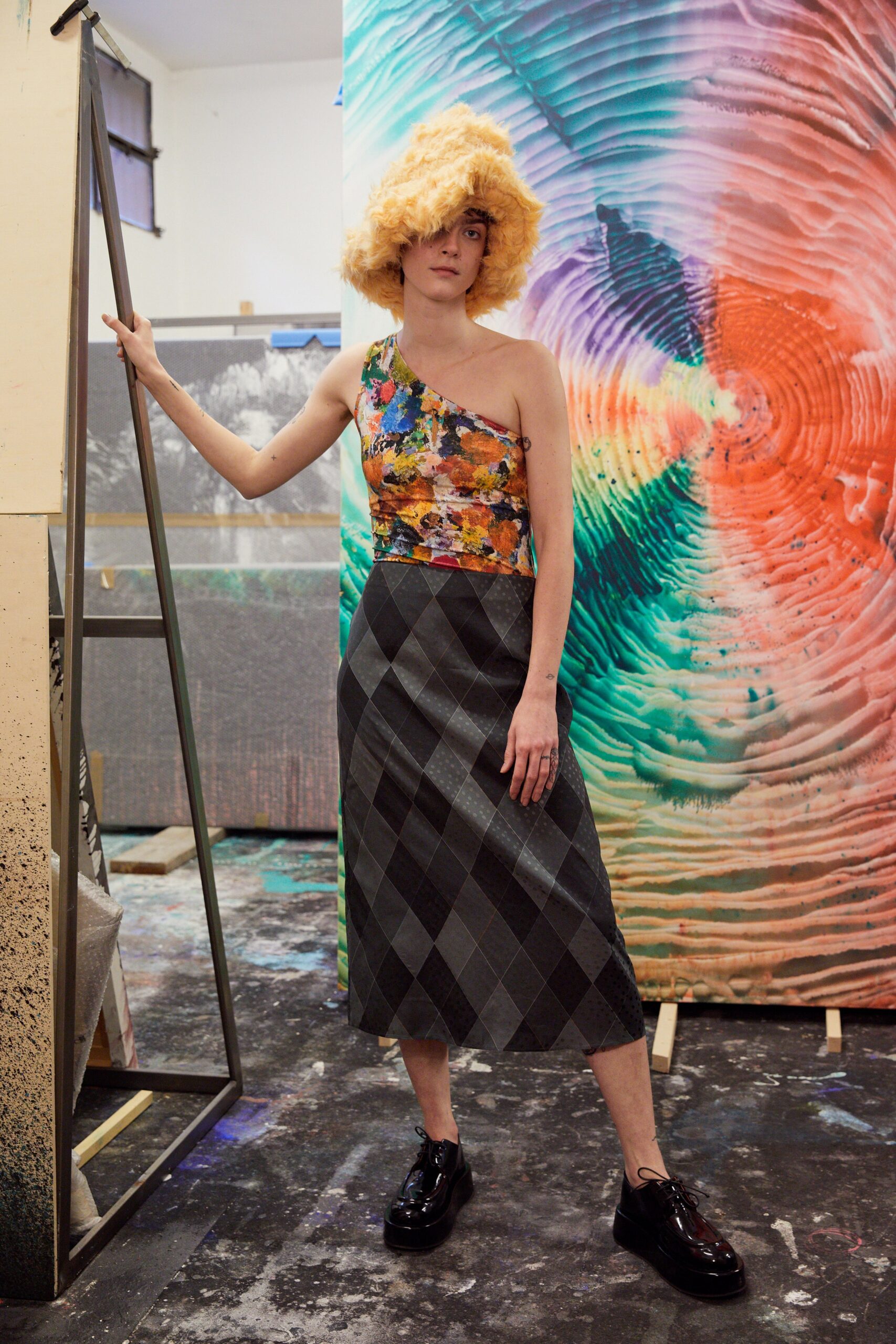 floral asymmetric top with gray midi skirt