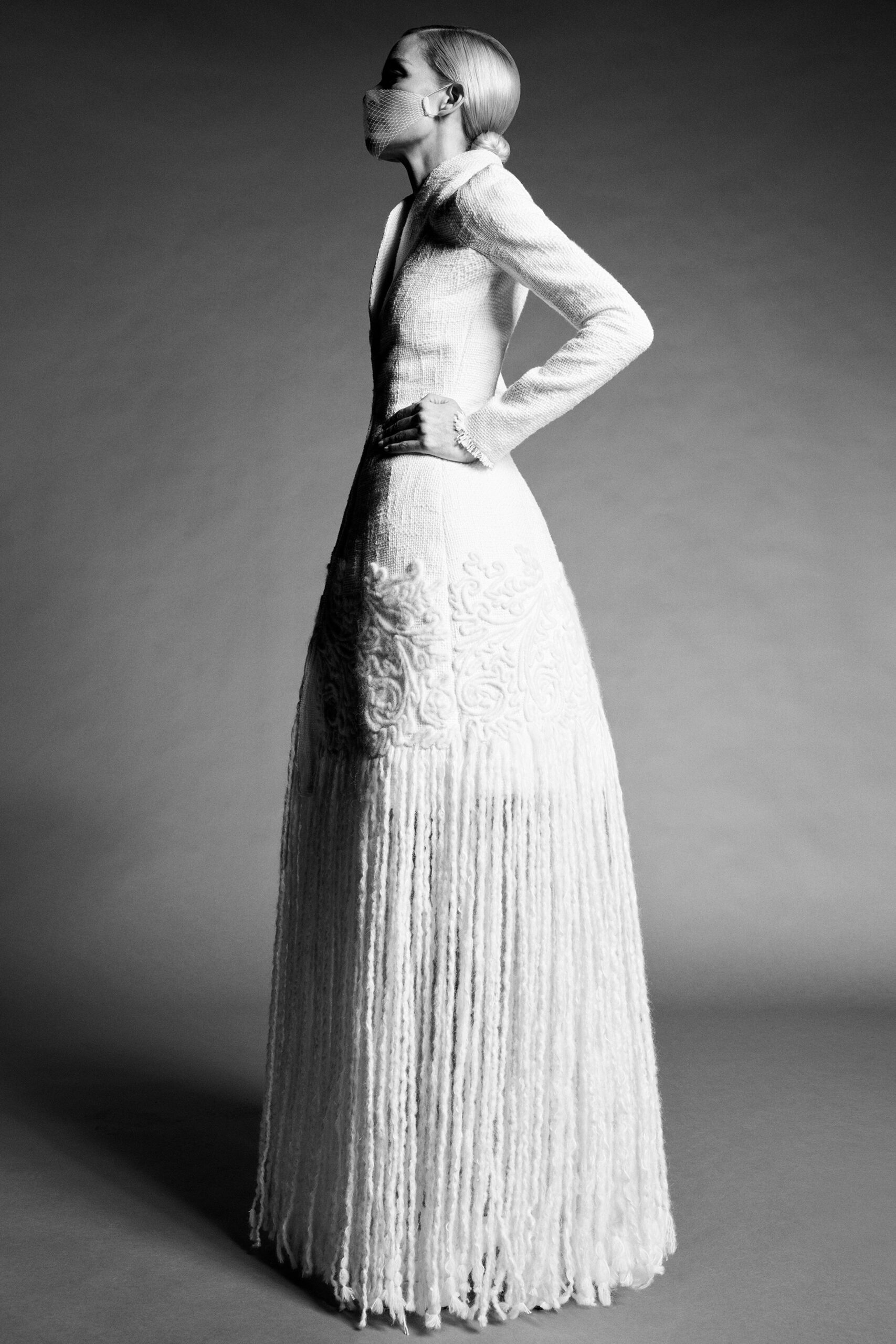 white silk fitted gown