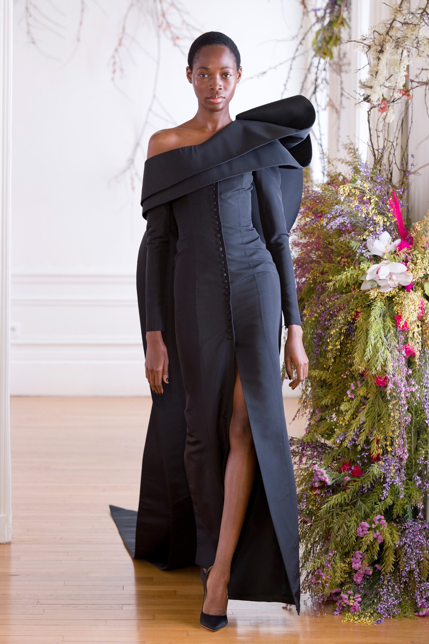 black silk off-shoulder gown