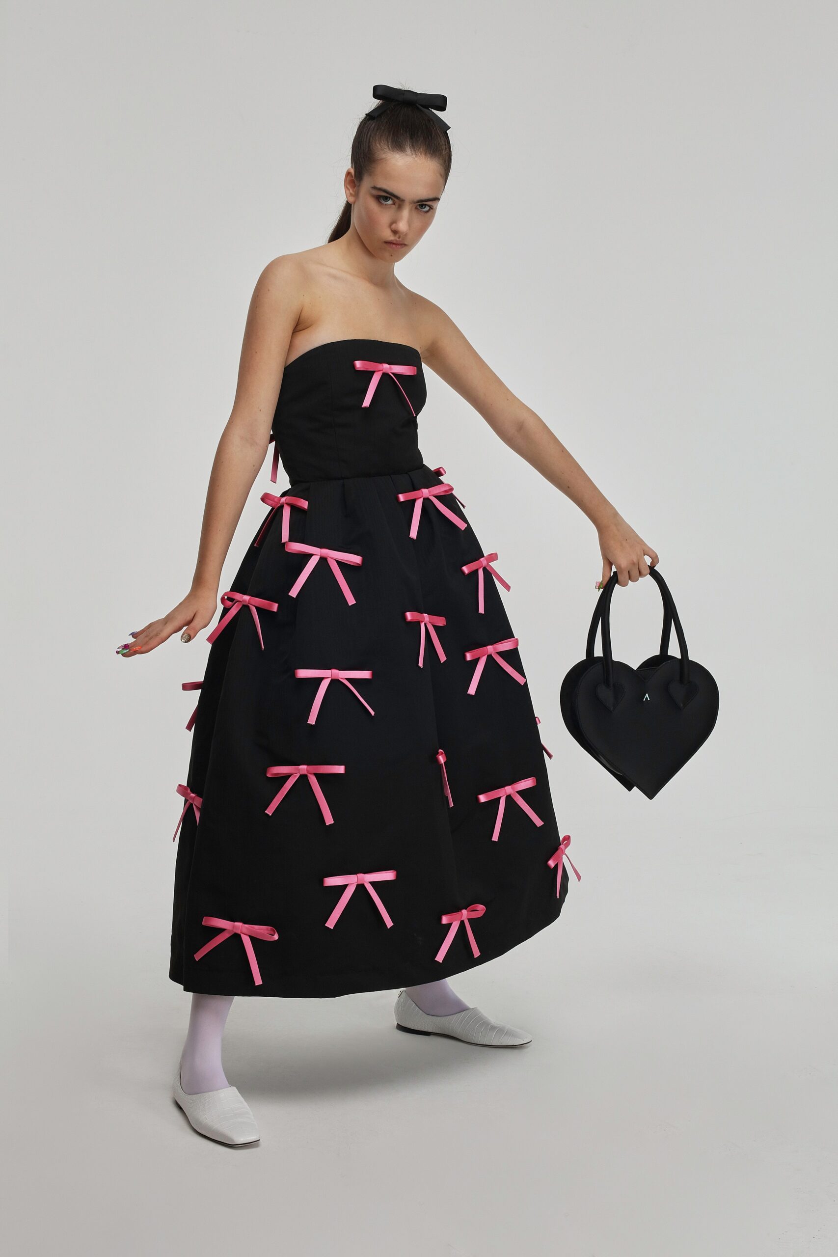 black cotton strapless fitted a-line embroidered midi dress