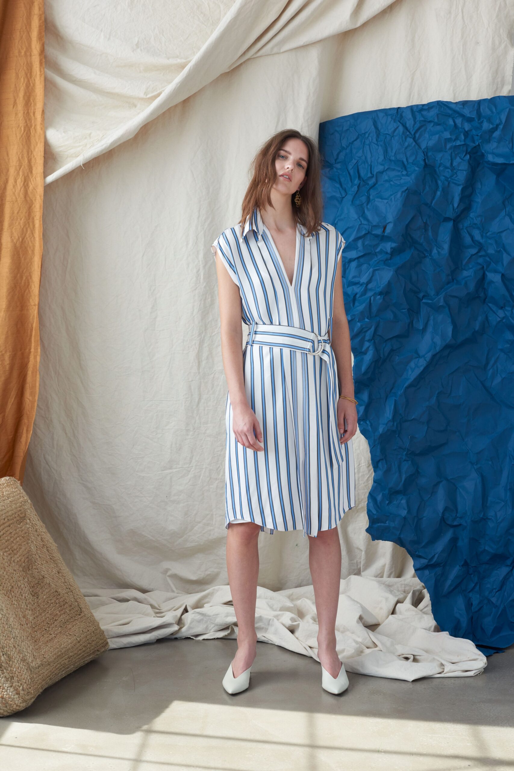 striped belted midi dress