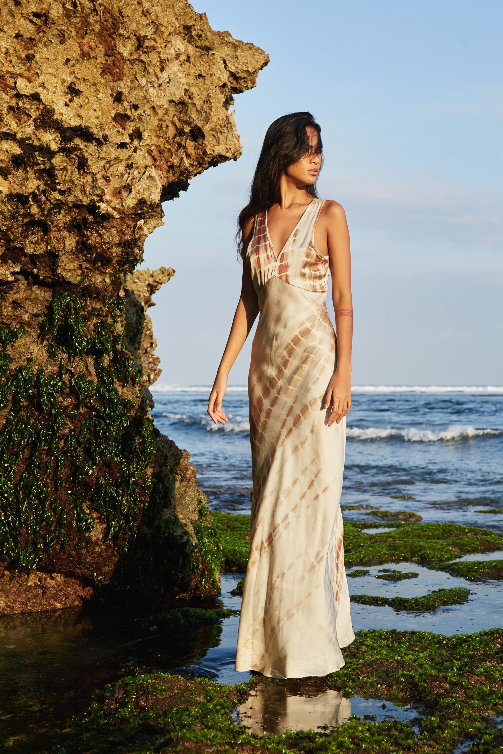 beige brown silk sleeveless dress
