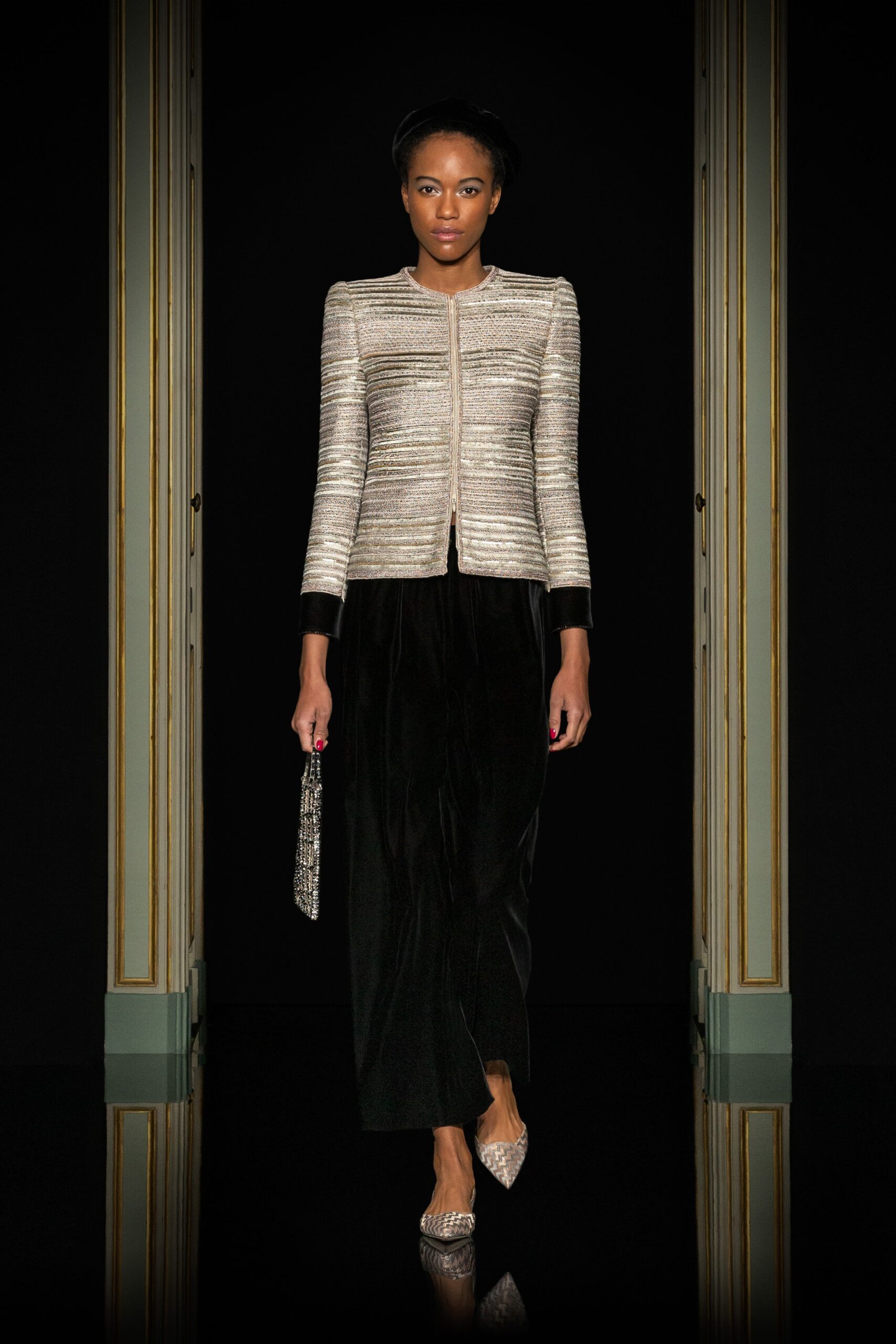 gold and black fitted jacket with velvet dress