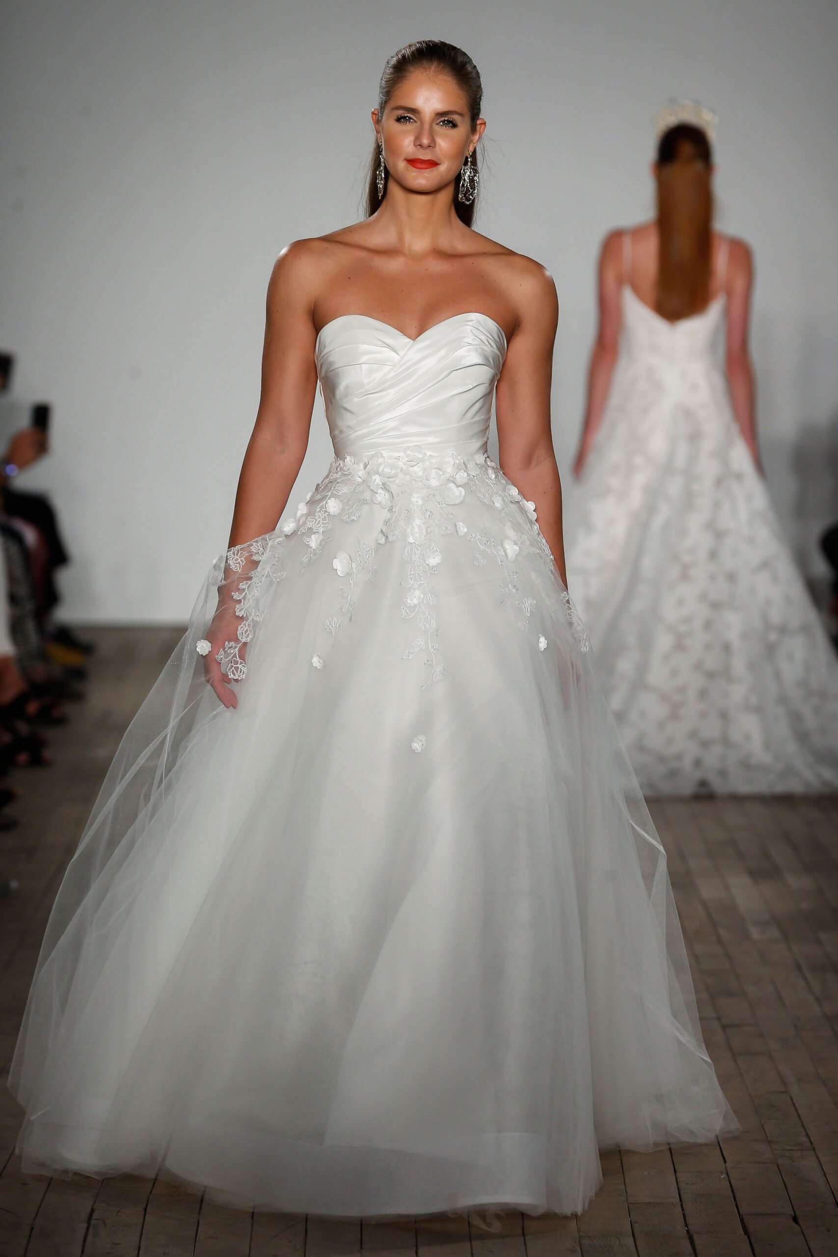 white strapless pleated gown