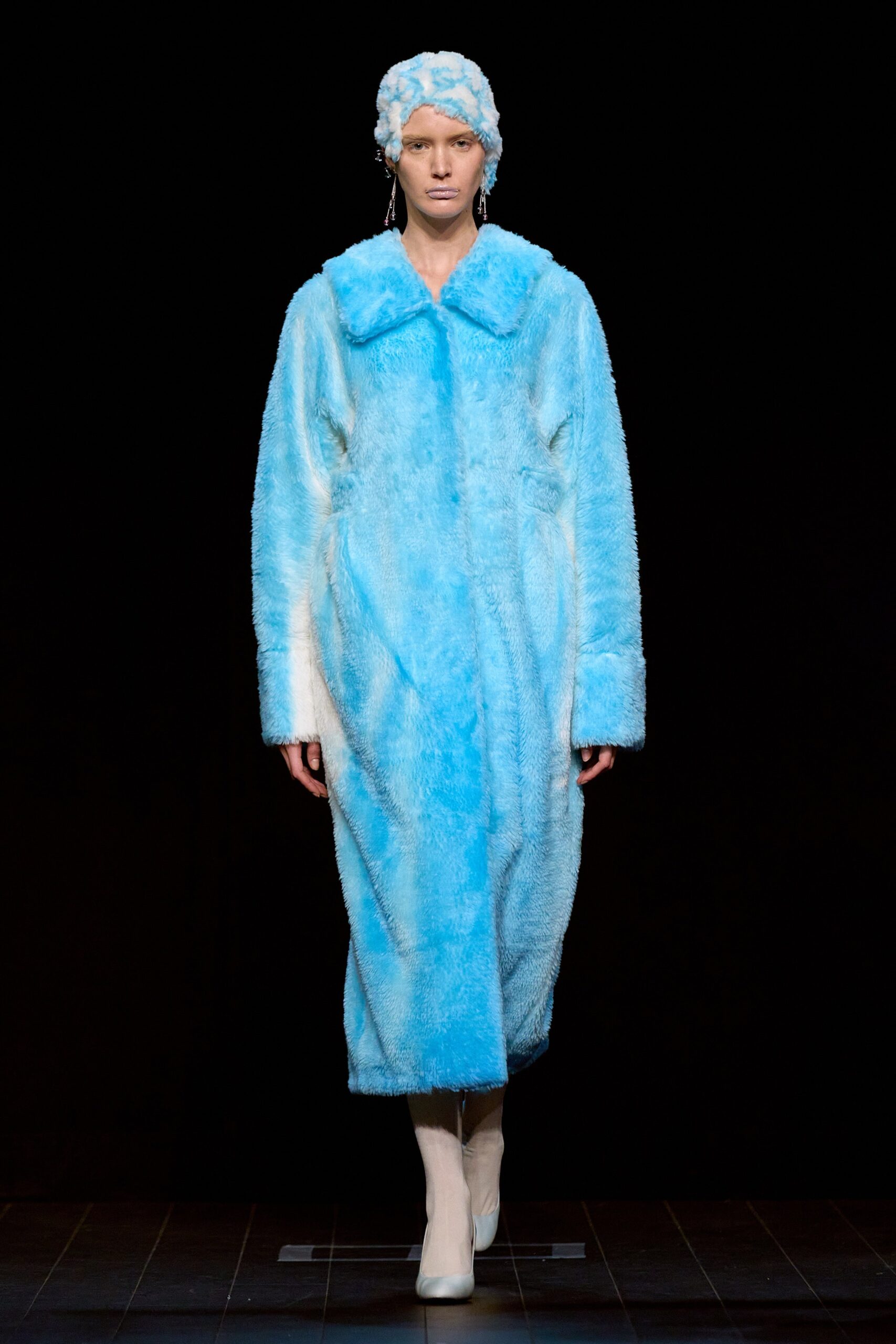 blue faux-fur coat and hat