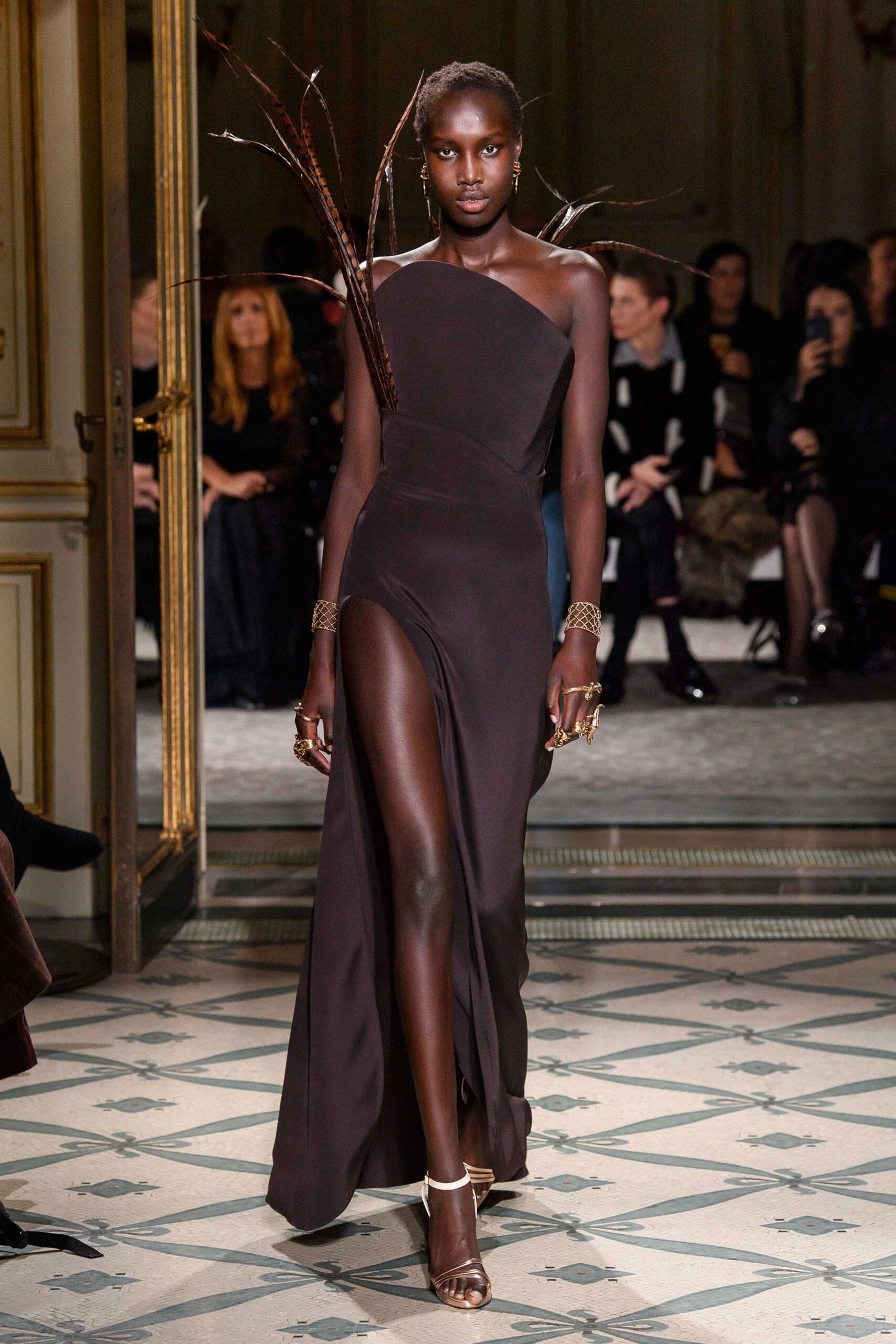 brown silk sleeveless high-neck fitted draped maxi gown