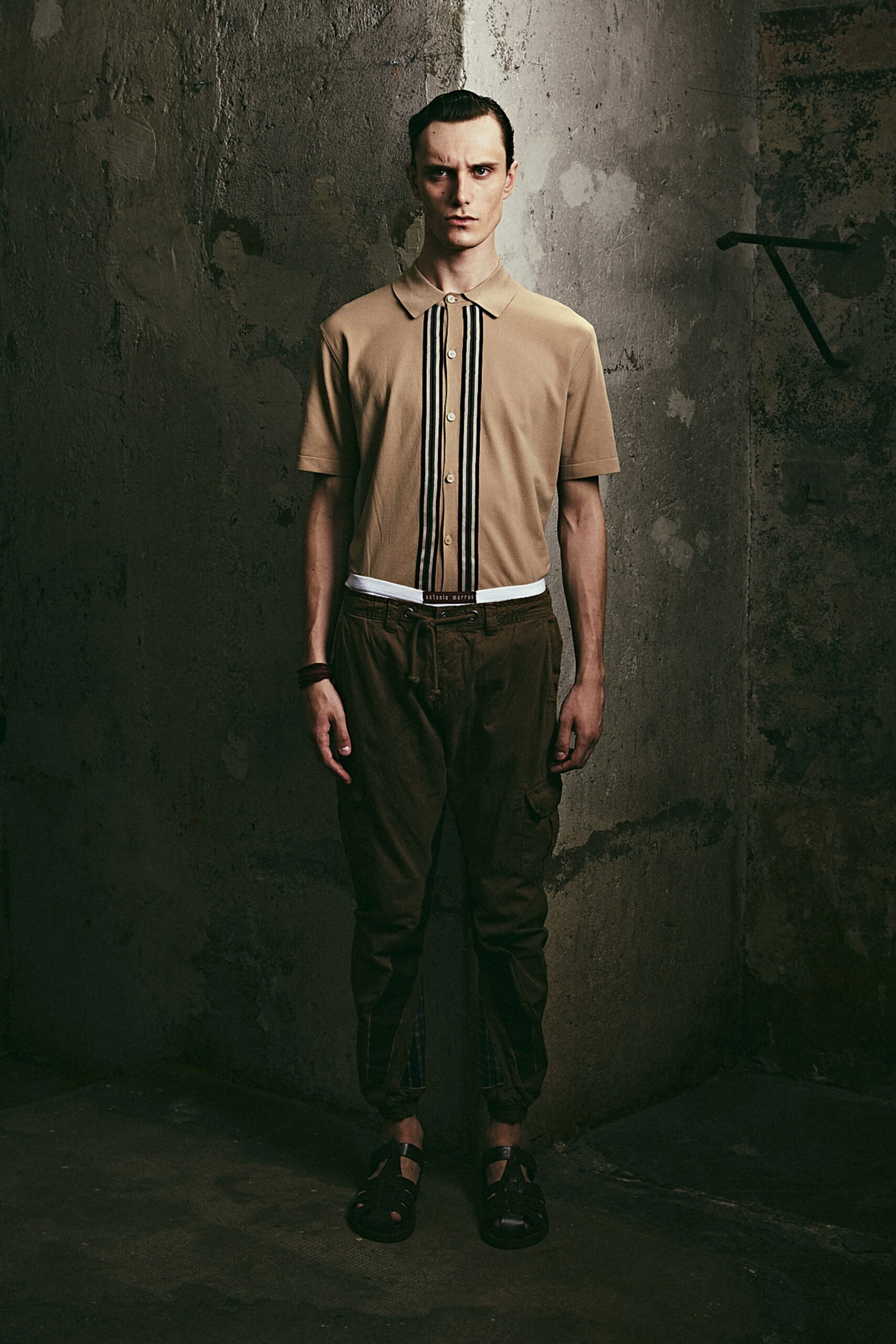 beige fitted shirt with cargo pants