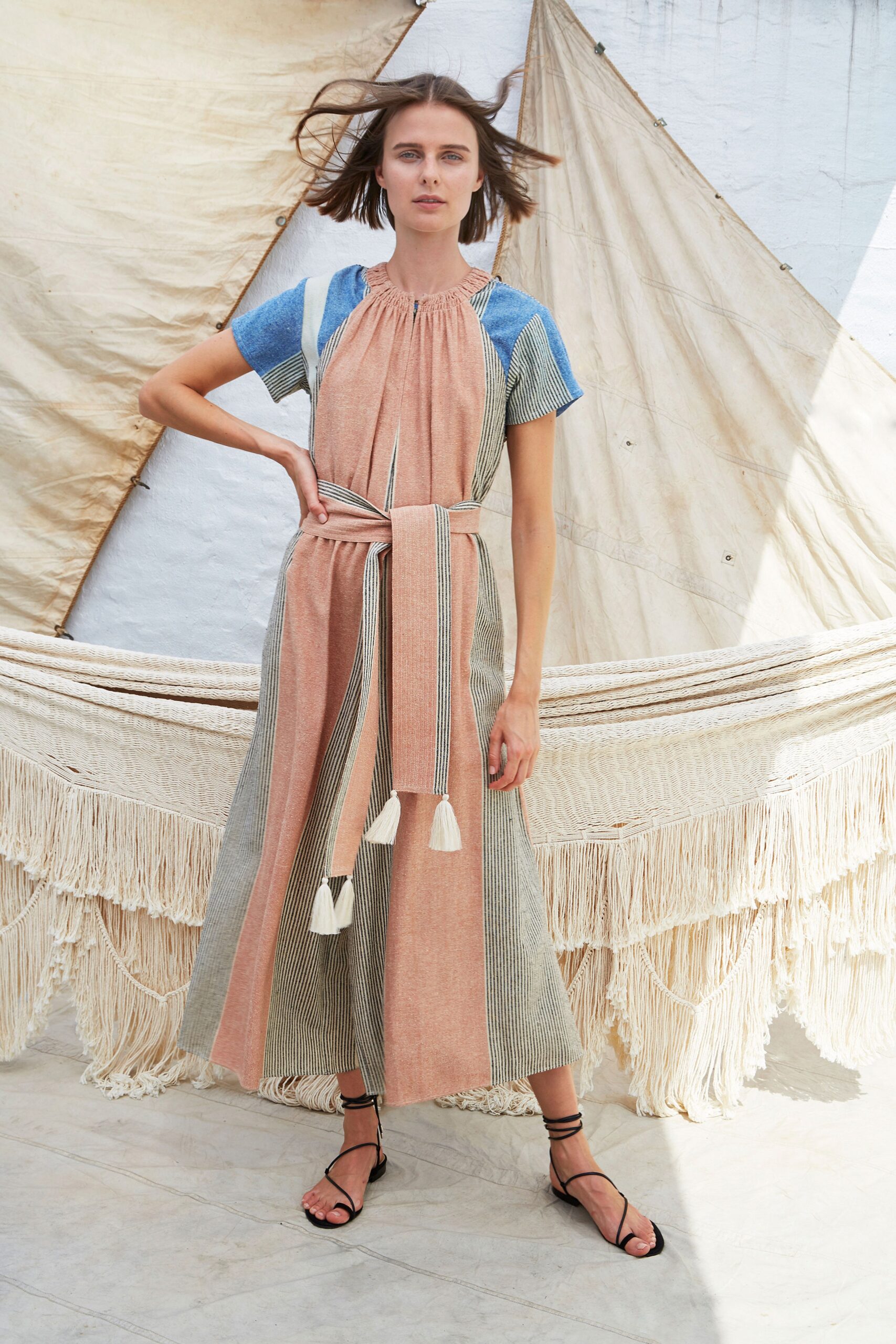 blue and pink striped midi dress