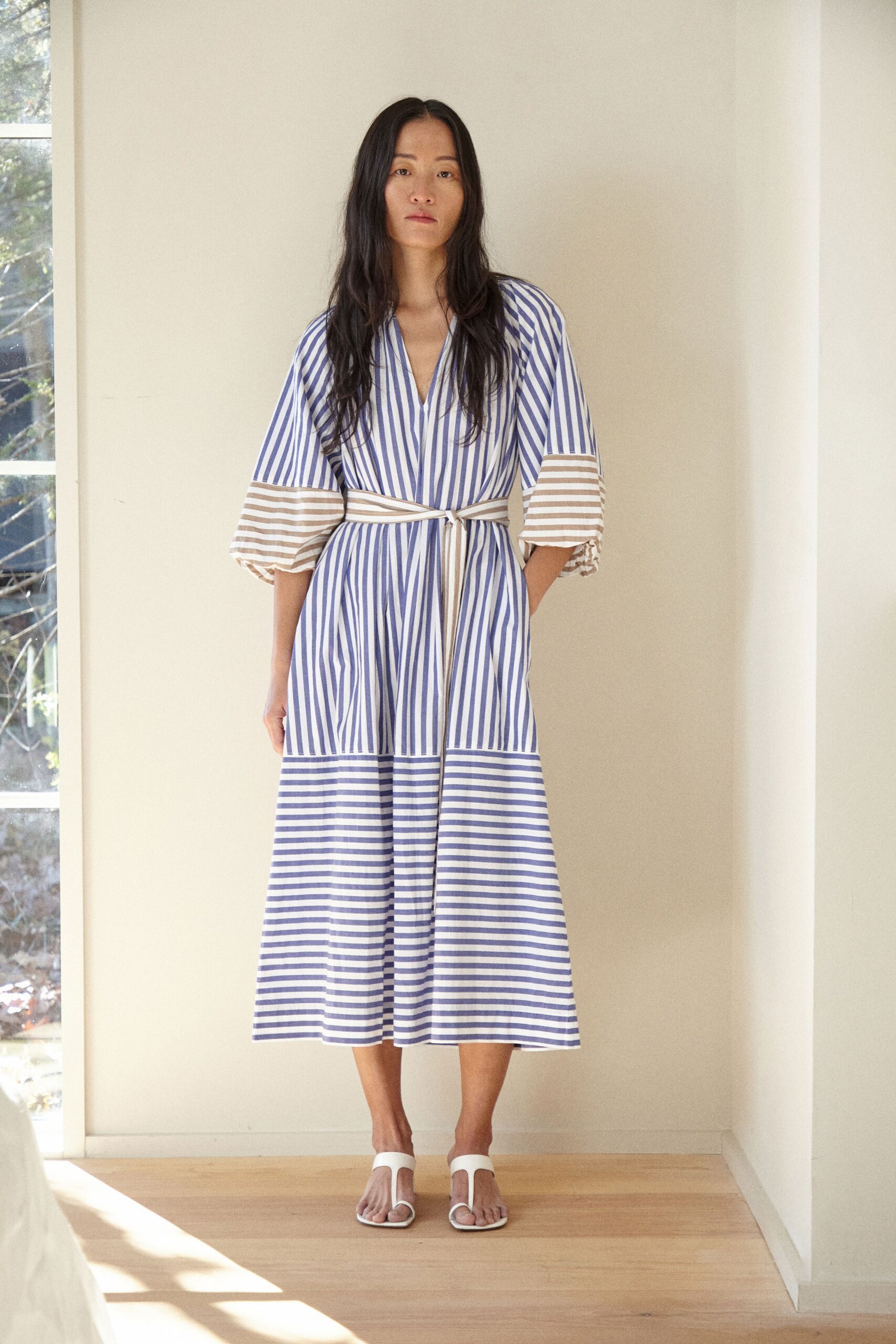 blue and white striped midi dress