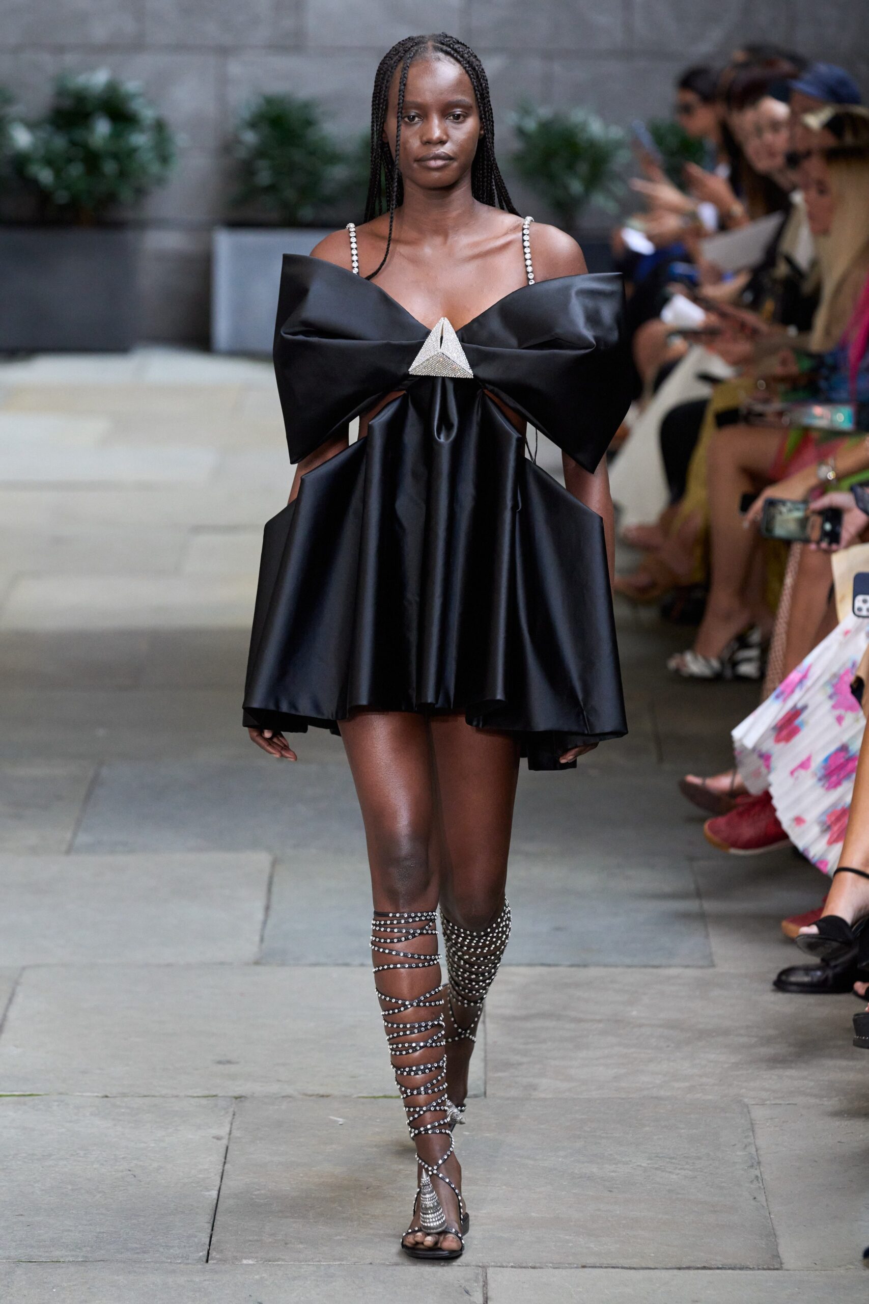 black silk sleeveless off-shoulder fitted flared mini dress