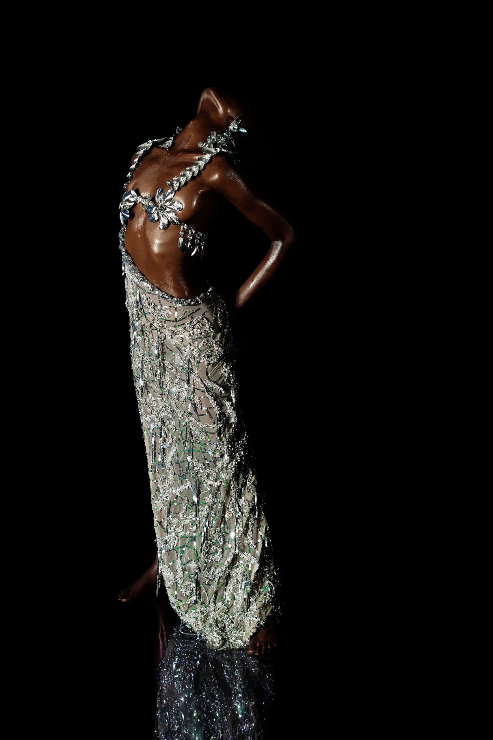 silver embellished backless gown
