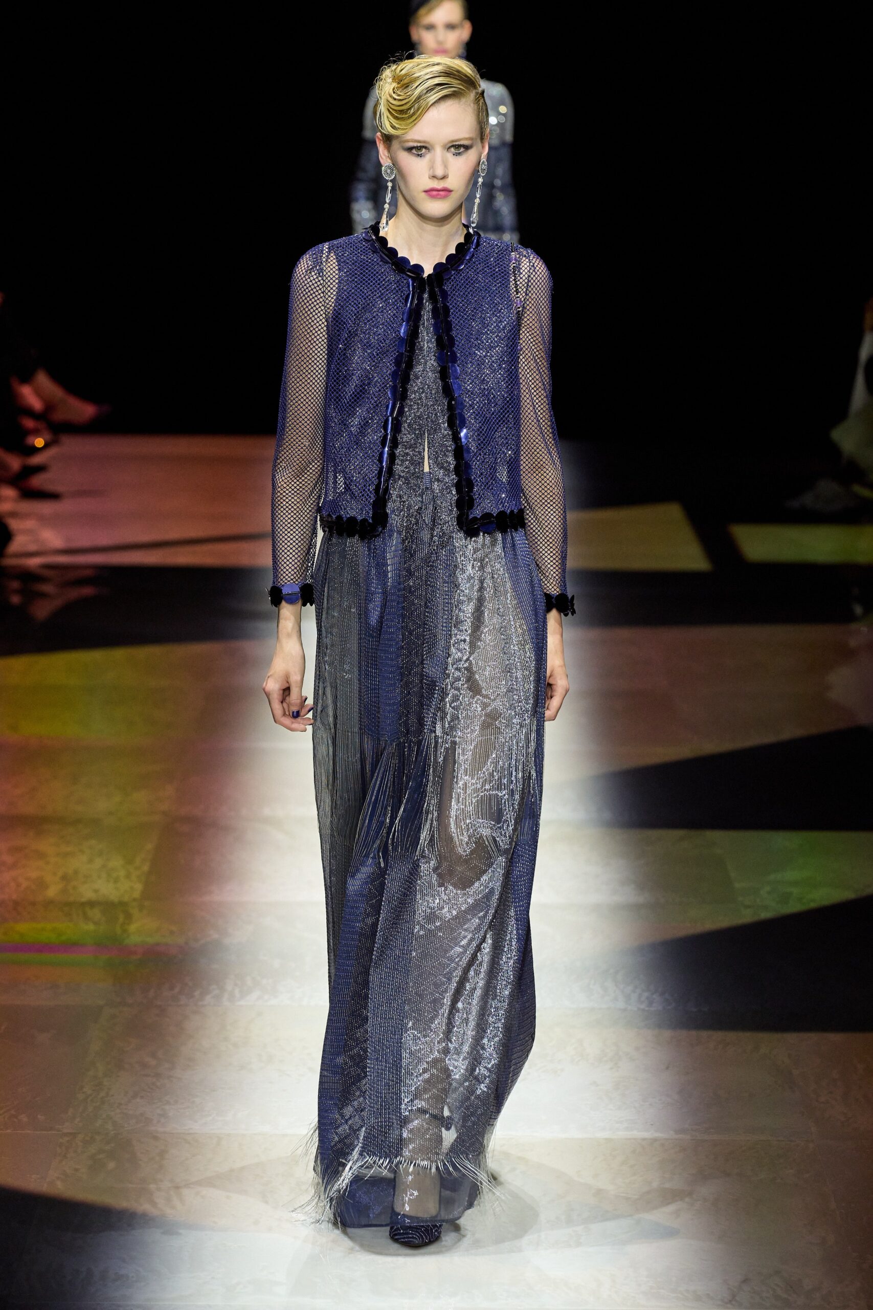 blue silk gown with fringed details