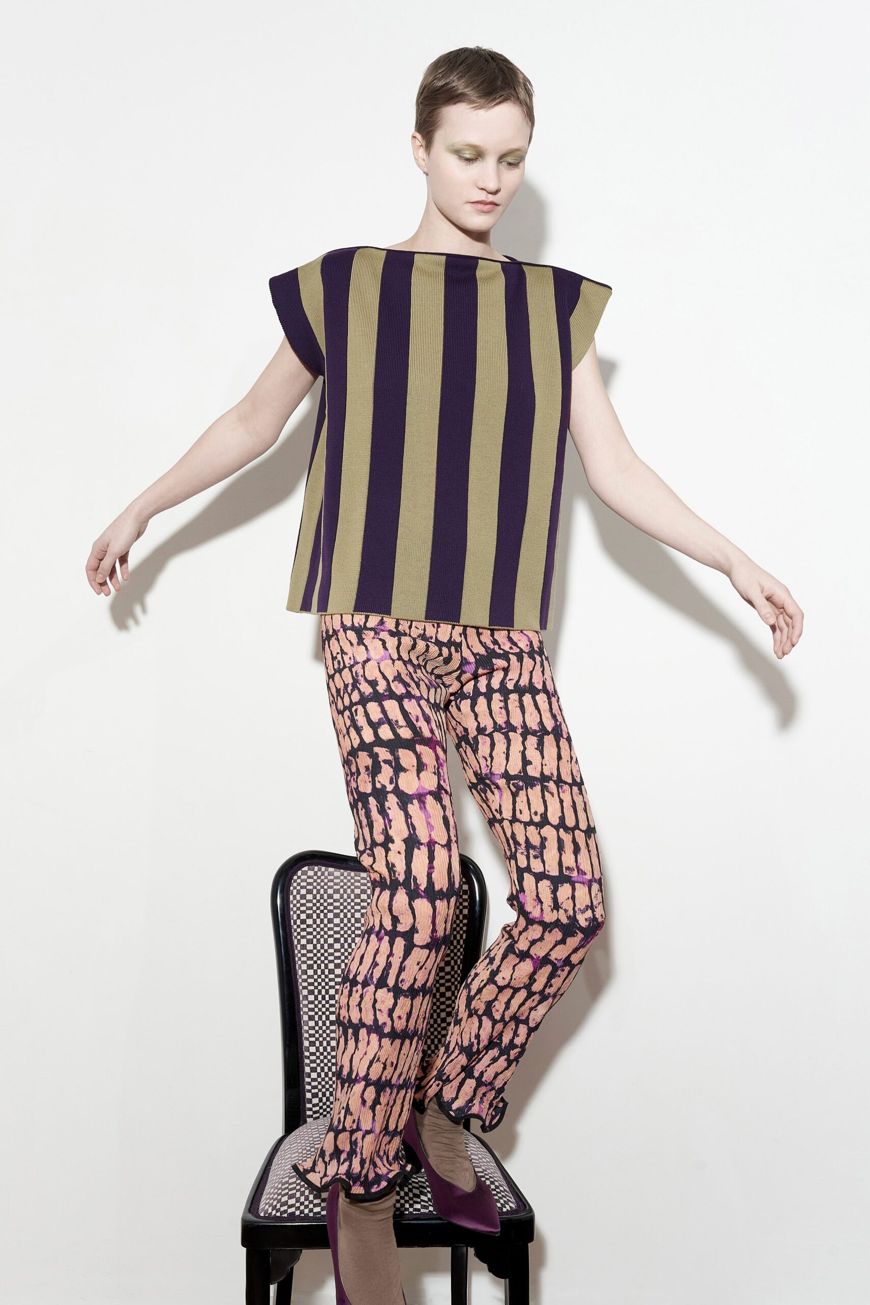 striped top and printed pants