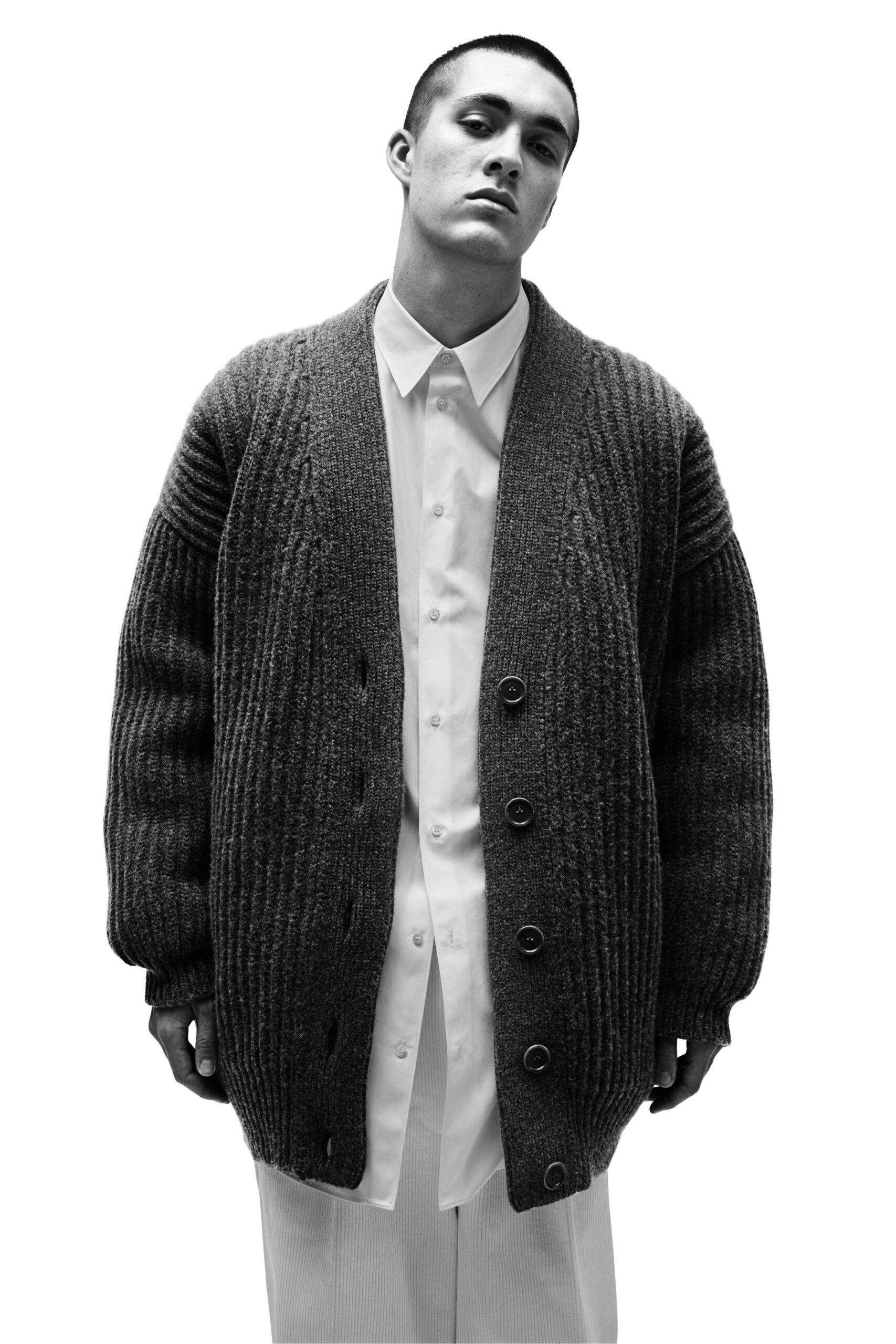 gray oversized cardigan with white shirt