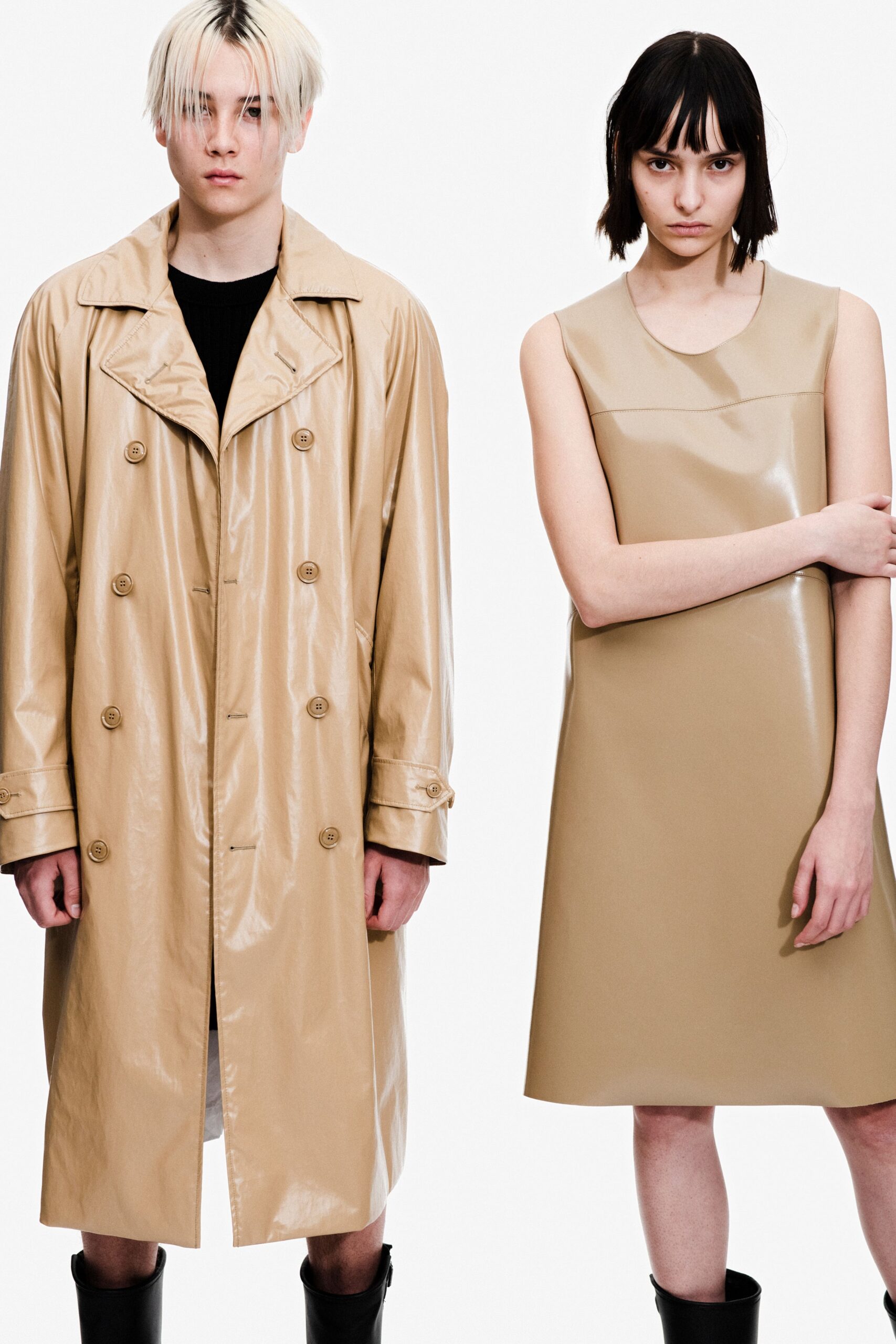 beige vinyl sleeveless high-neck fitted straight-leg dress